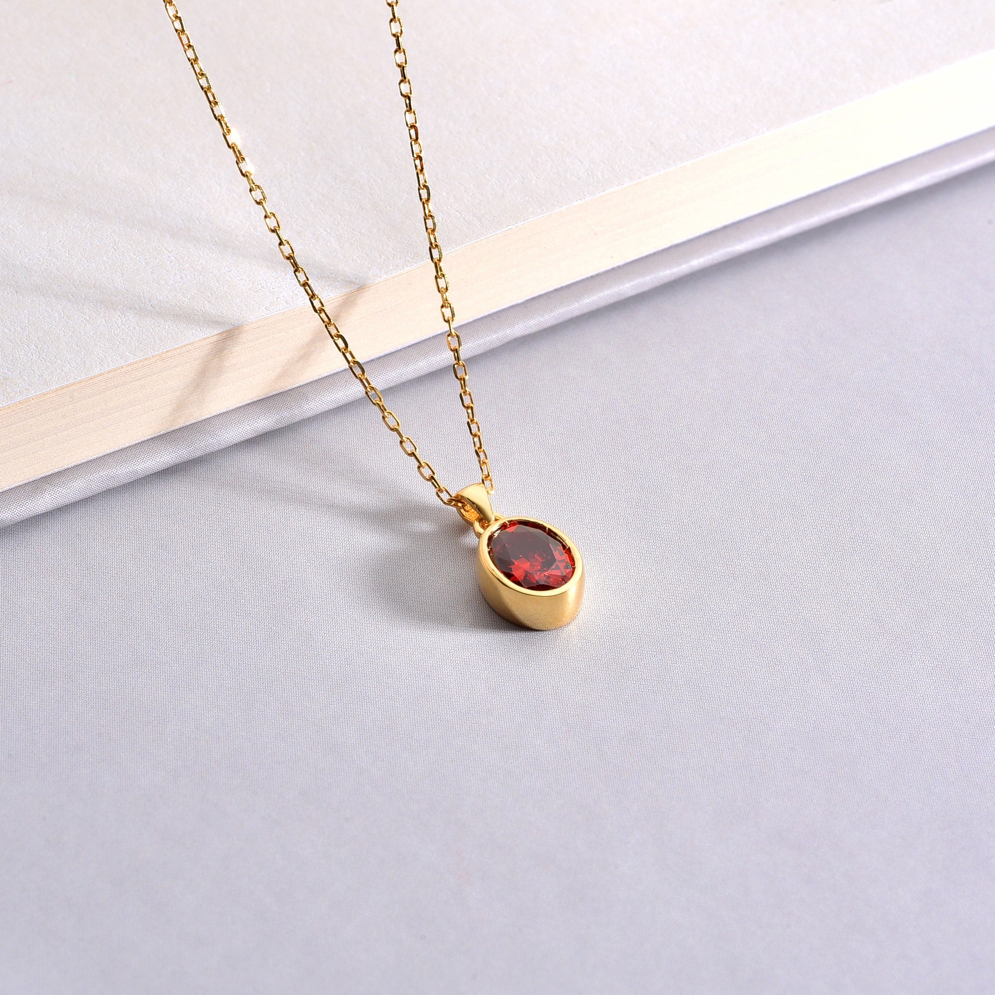 Oval Garnet Bezel Necklace 14K Solid Gold, January Birthstone Charm Pendant Queen Jewelry Necklace