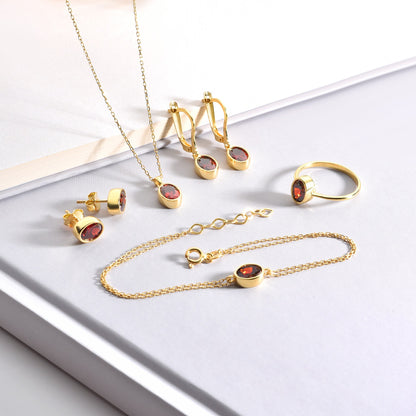 Oval Garnet Bezel Stud Earrings in 14K Solid Gold, January Birthstone Queen Jewelry Earrings