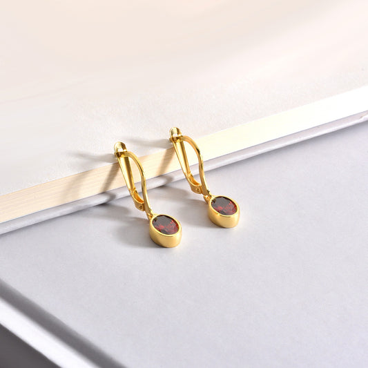 Oval Garnet Bezel Dangle Earrings in 14K Solid Gold, January Birthstone Queen Jewelry Earrings