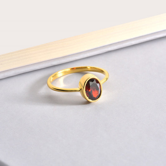Oval Garnet Bezel Ring in 14K Solid Gold, January Birthstone Queen Jewelry Rings