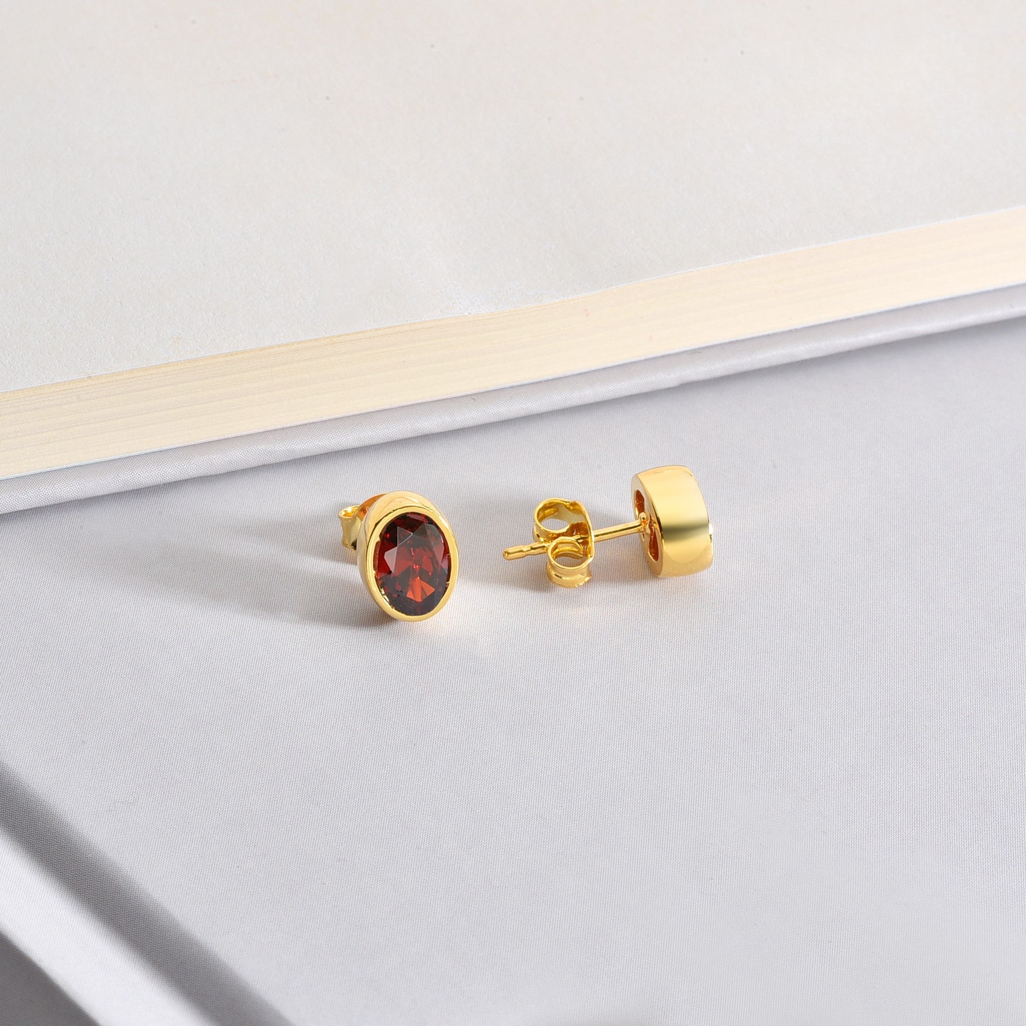 Oval Garnet Bezel Stud Earrings in 14K Solid Gold, January Birthstone Queen Jewelry Earrings