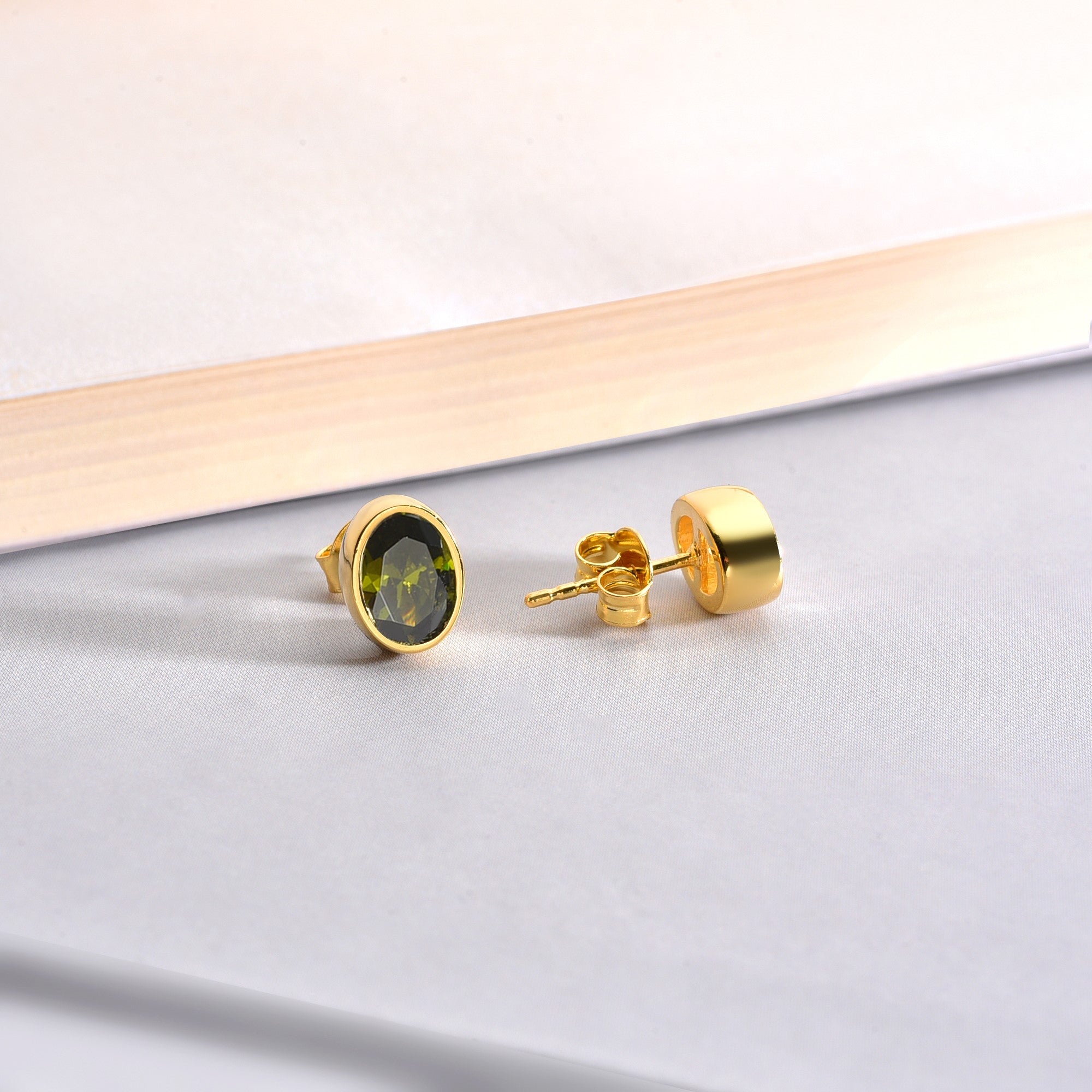 Oval Peridot Bezel Stud Earrings in 14K Solid Gold, August Birthstone Queen Jewelry Earrings