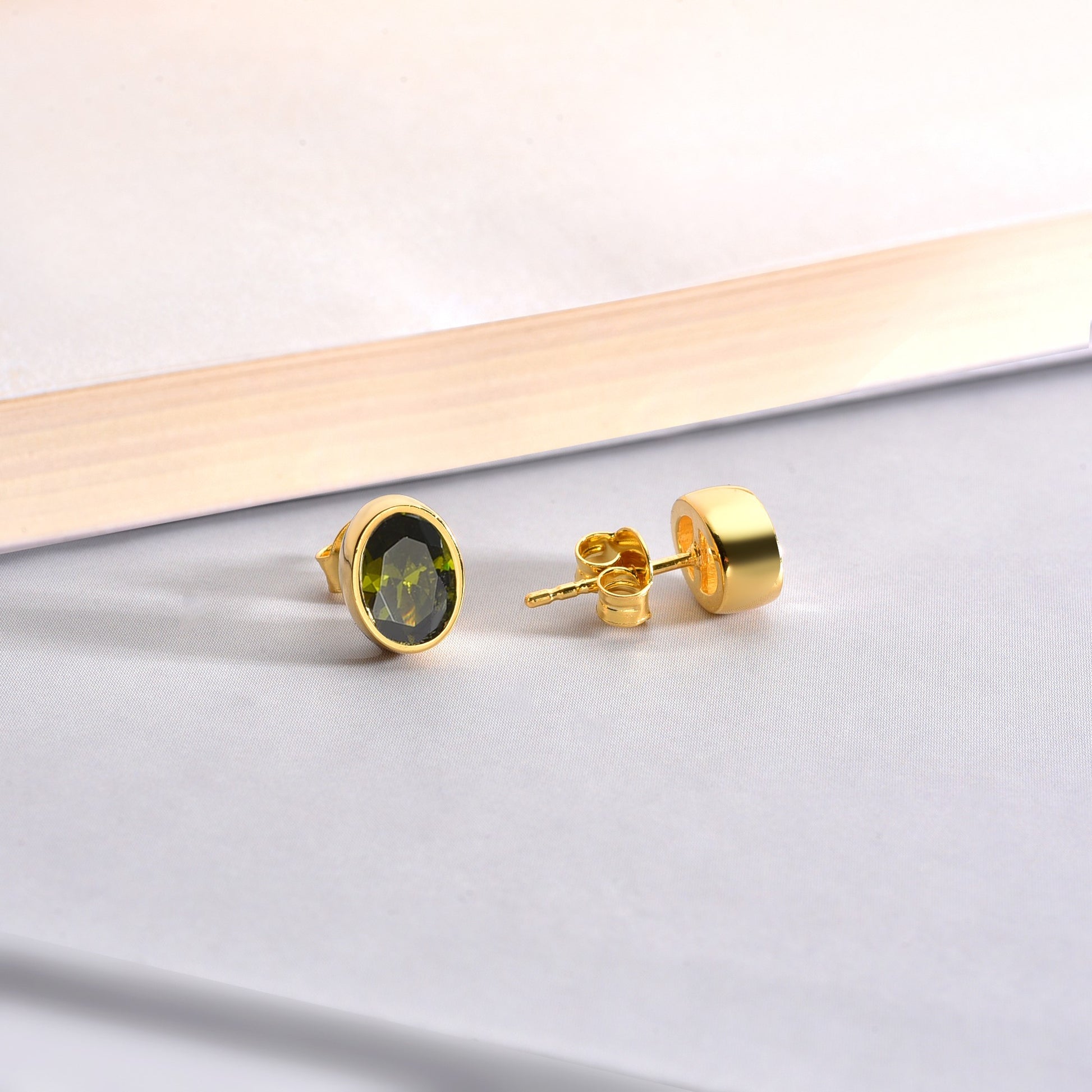 Oval Peridot Bezel Stud Earrings in 14K Solid Gold, August Birthstone Queen Jewelry Earrings
