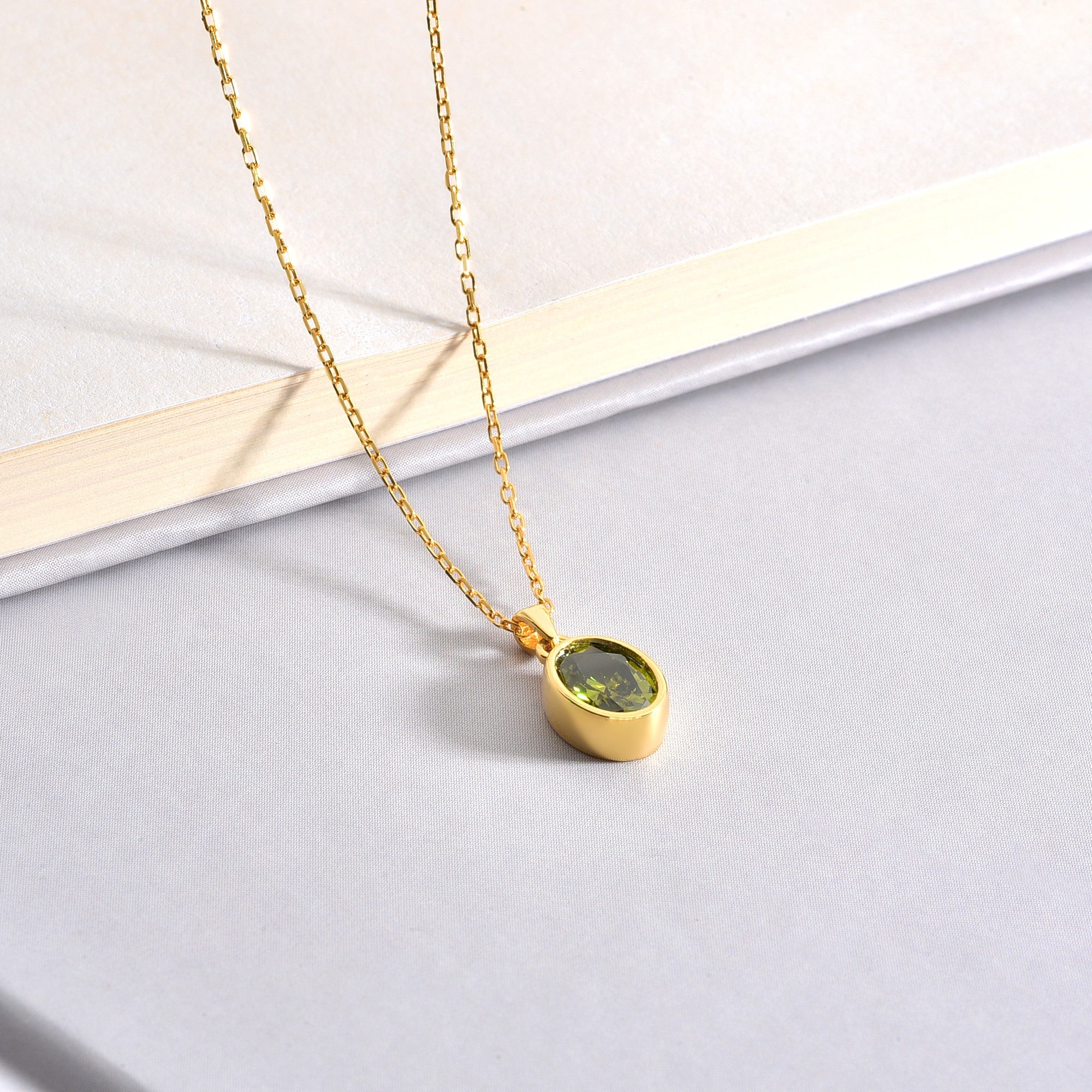Oval Peridot Bezel Necklace 14K Solid Gold, August Birthstone Charm Pendant Queen Jewelry Necklace