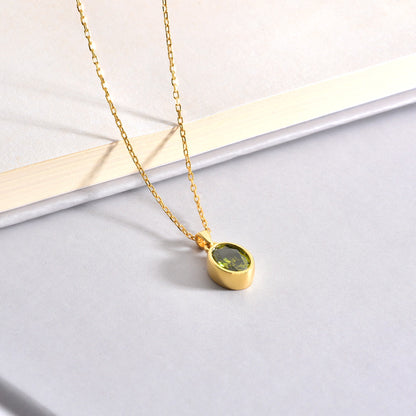 Oval Peridot Bezel Necklace 14K Solid Gold, August Birthstone Charm Pendant Queen Jewelry Necklace