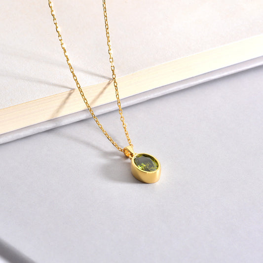 Oval Peridot Bezel Necklace 14K Solid Gold, August Birthstone Charm Pendant Queen Jewelry Necklace