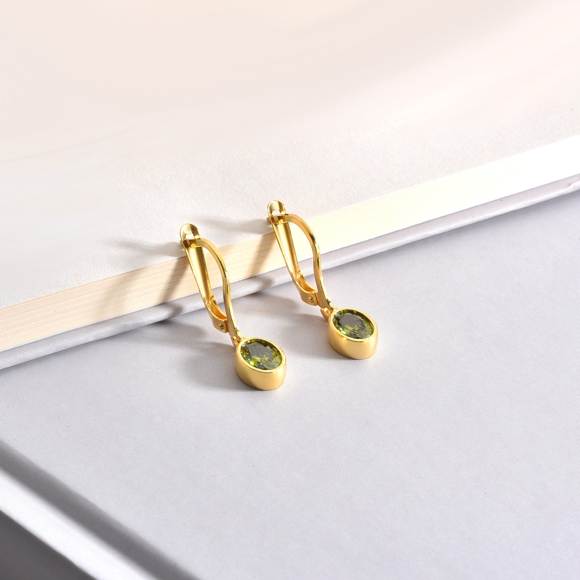 Oval Peridot Bezel Dangle Earrings in 14K Solid Gold, August Birthstone Queen Jewelry Earrings