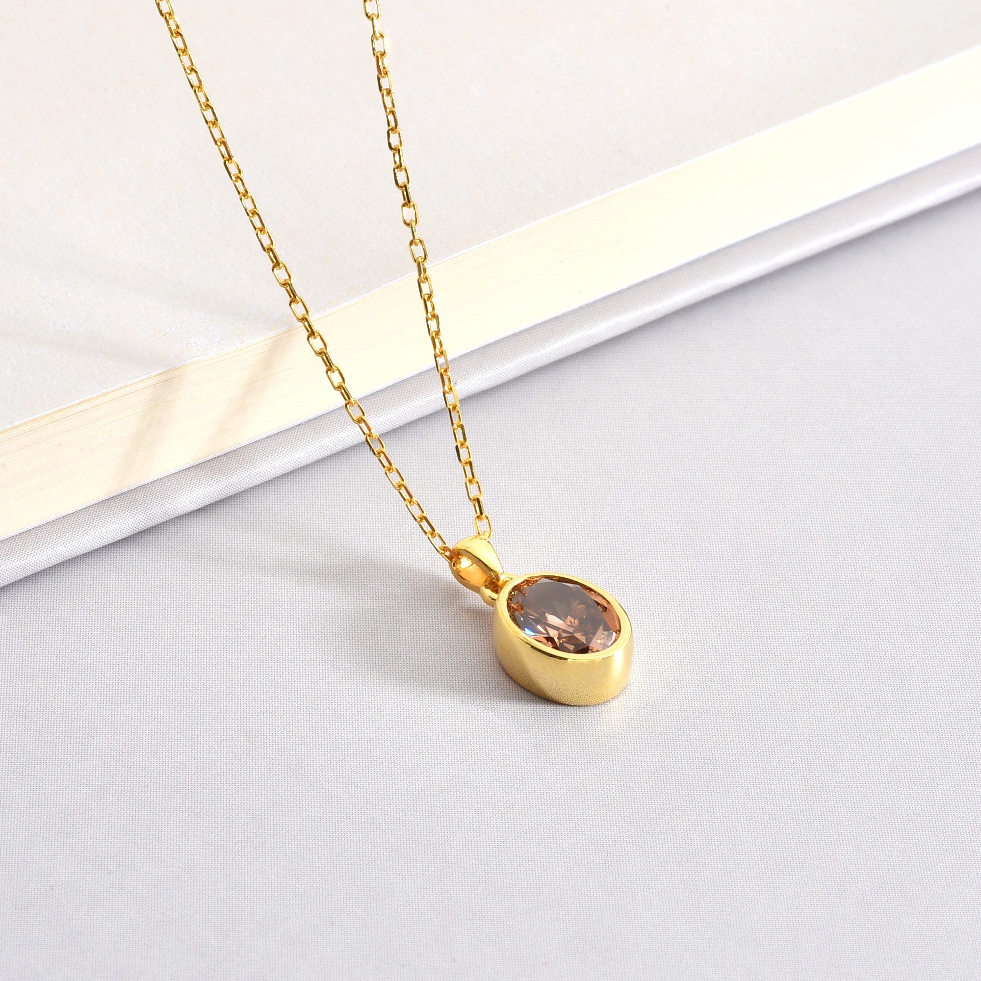 Oval Smoky Quartz Bezel Necklace 14K Solid Gold, Birthstone Charm Pendant Queen Jewelry Necklace