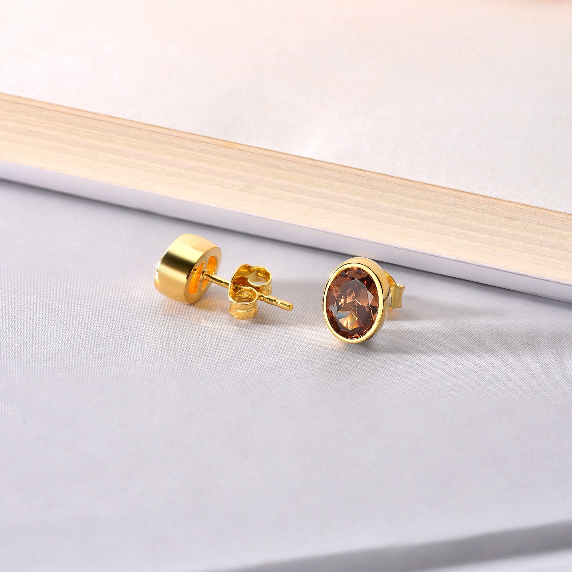 Oval Smoky Quartz Bezel Stud Earrings in 14K Solid Gold, Birthstone Jewelry Queen Jewelry Earrings