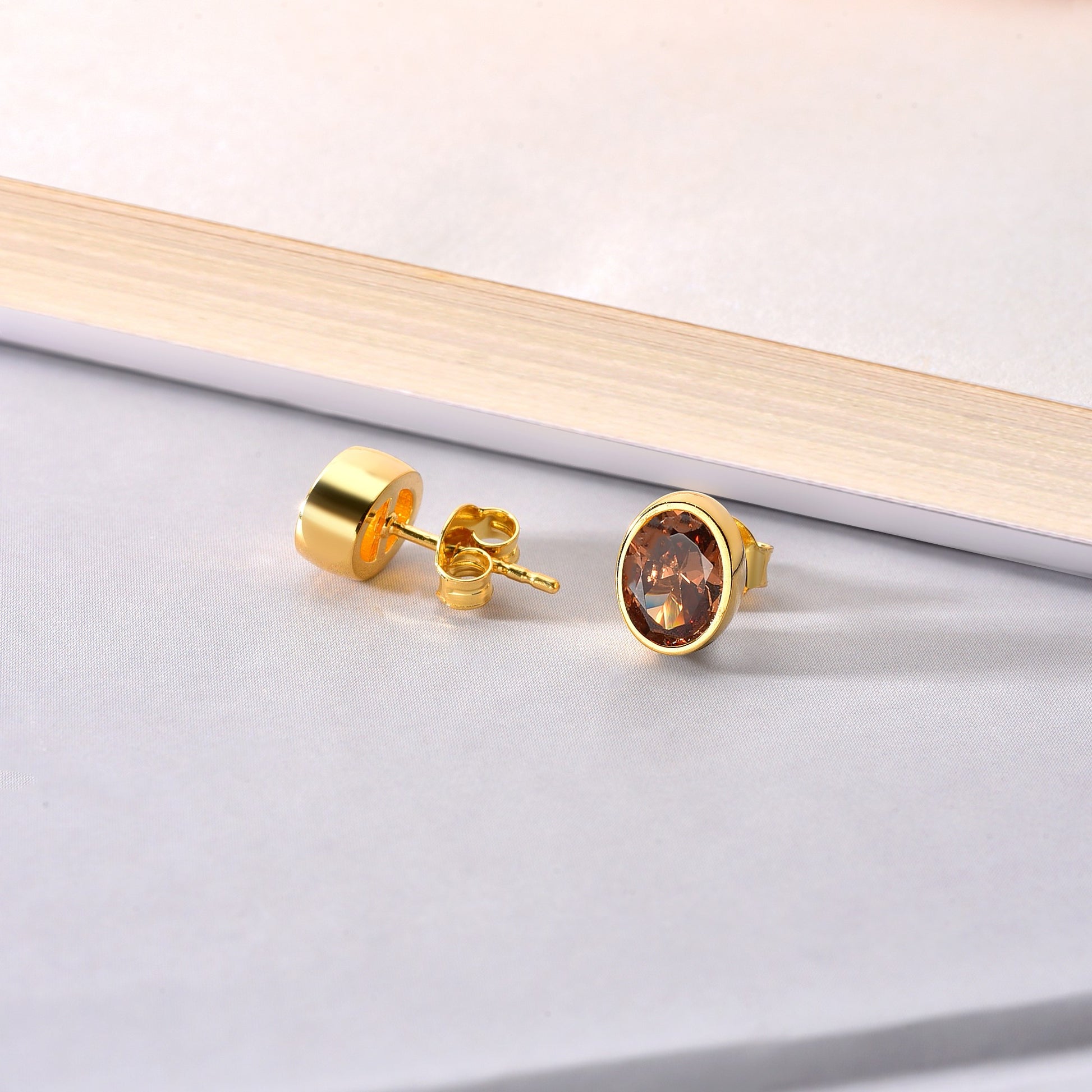 Oval Smoky Quartz Bezel Stud Earrings in 14K Solid Gold, Birthstone Jewelry Queen Jewelry Earrings