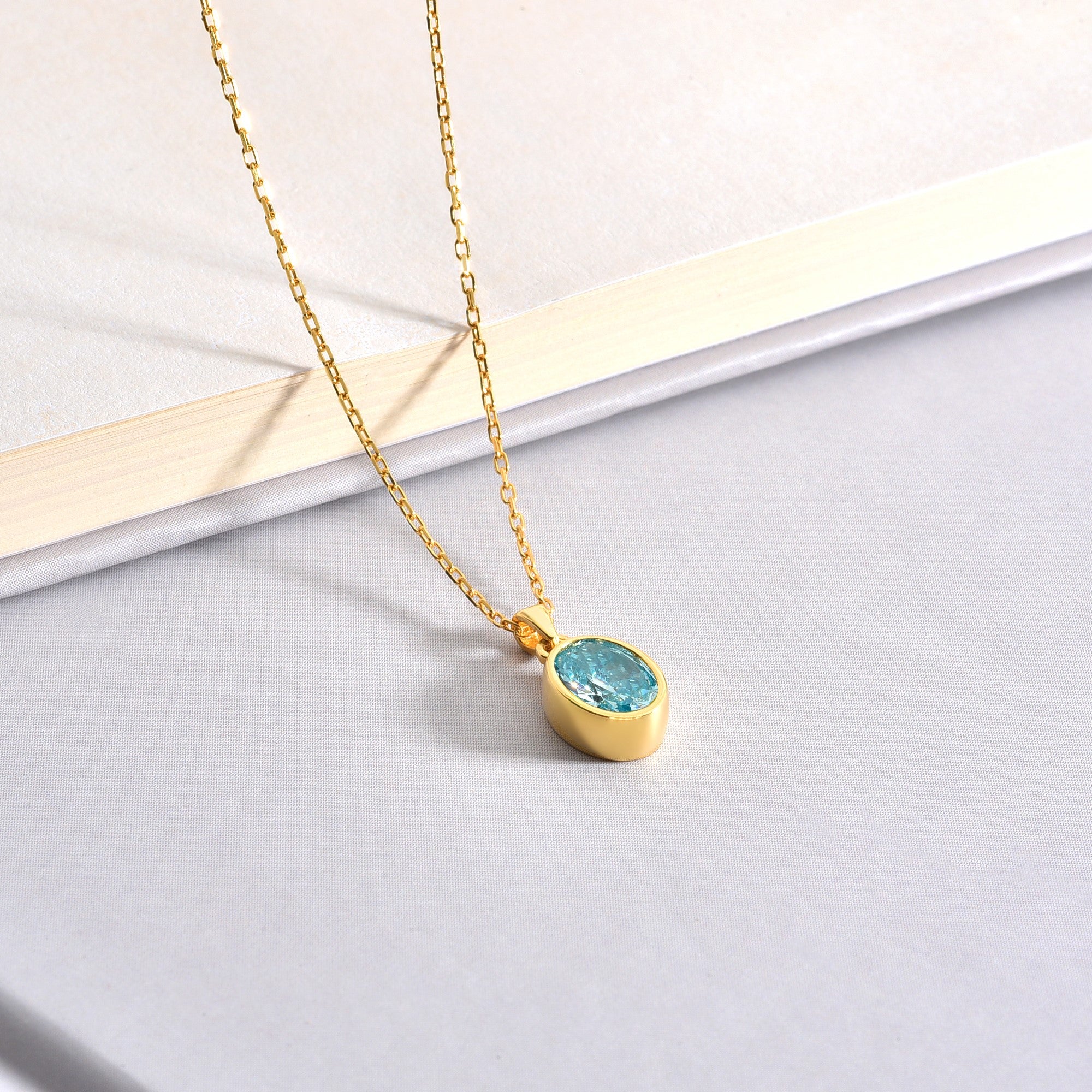 Oval Aquamarine Bezel Necklace 14K Solid Gold, March Birthstone Charm Pendant Queen Jewelry Necklace