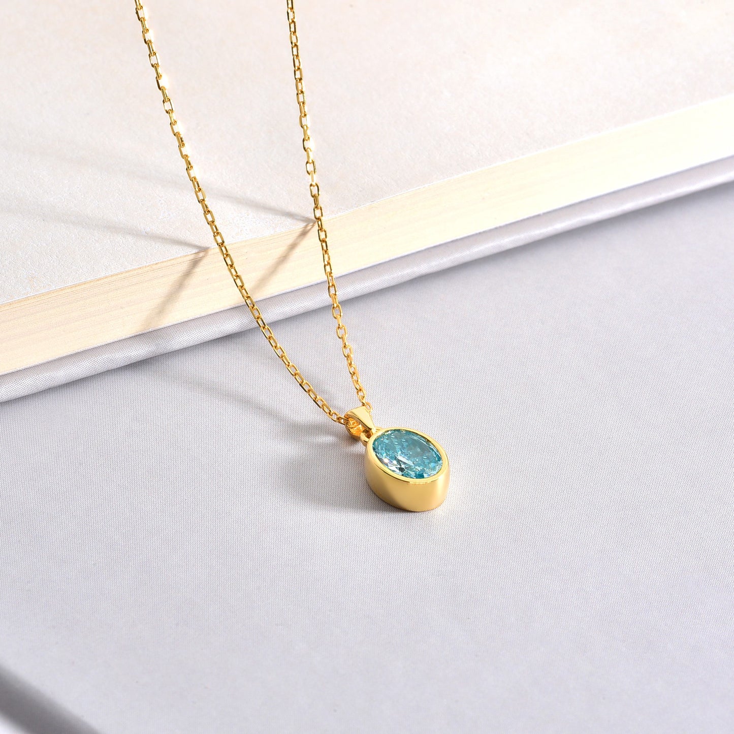 Oval Aquamarine Bezel Necklace 14K Solid Gold, March Birthstone Charm Pendant Queen Jewelry Necklace