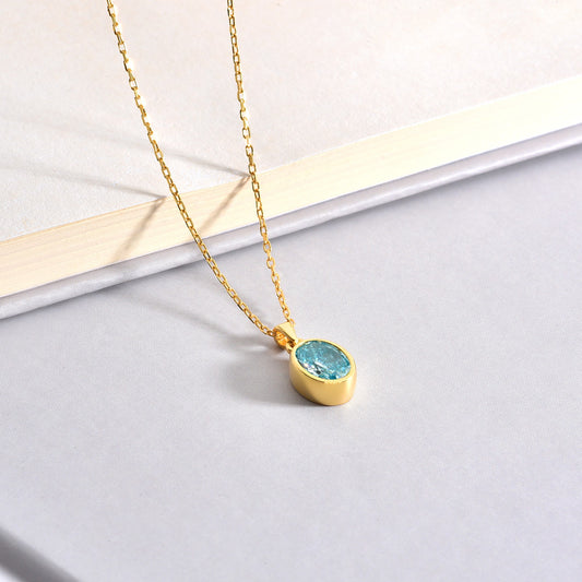Oval Aquamarine Bezel Necklace 14K Solid Gold, March Birthstone Charm Pendant Queen Jewelry Necklace