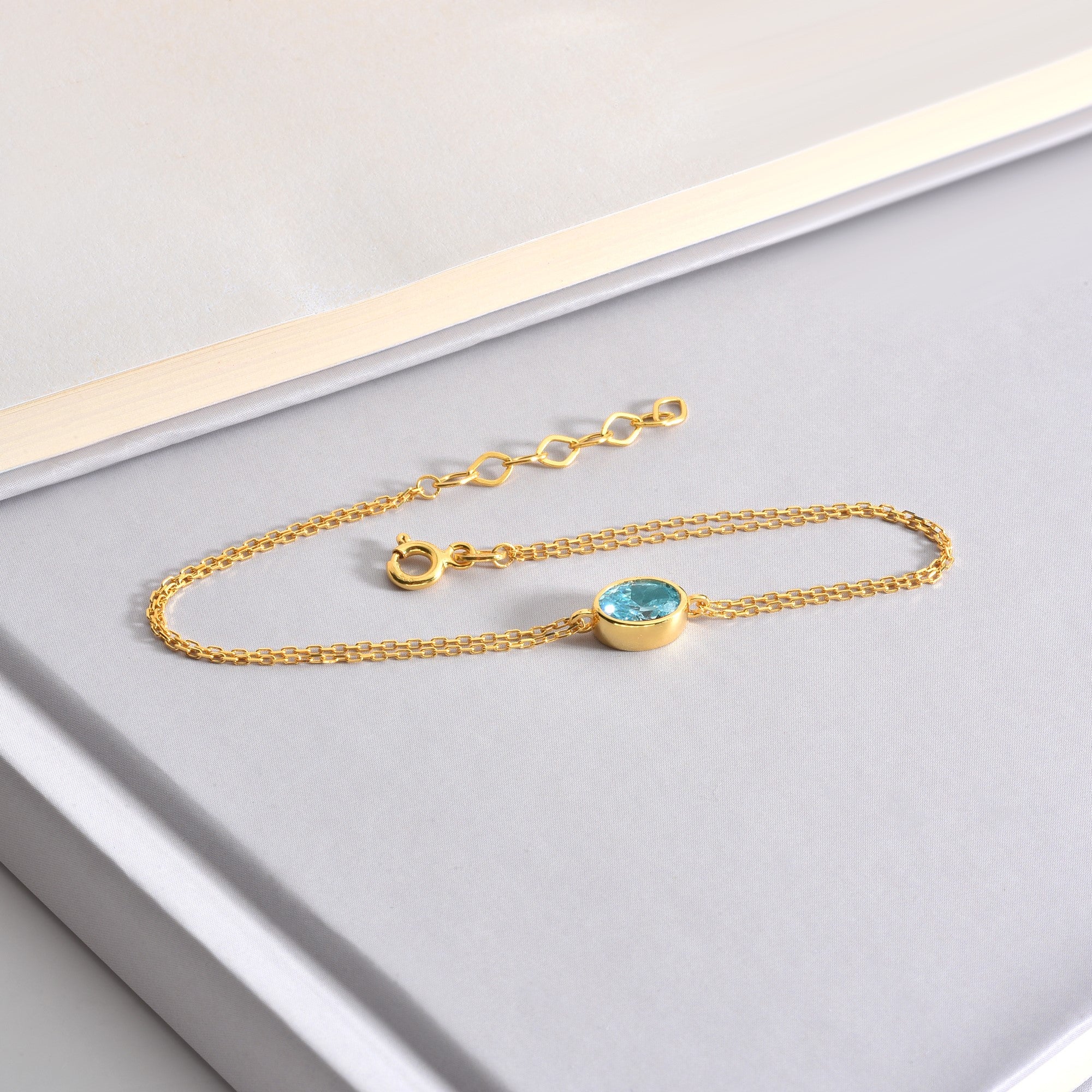 Oval Aquamarine Bezel Bracelet in 14K Solid Gold, March Birthstone Queen Jewelry Bracelet