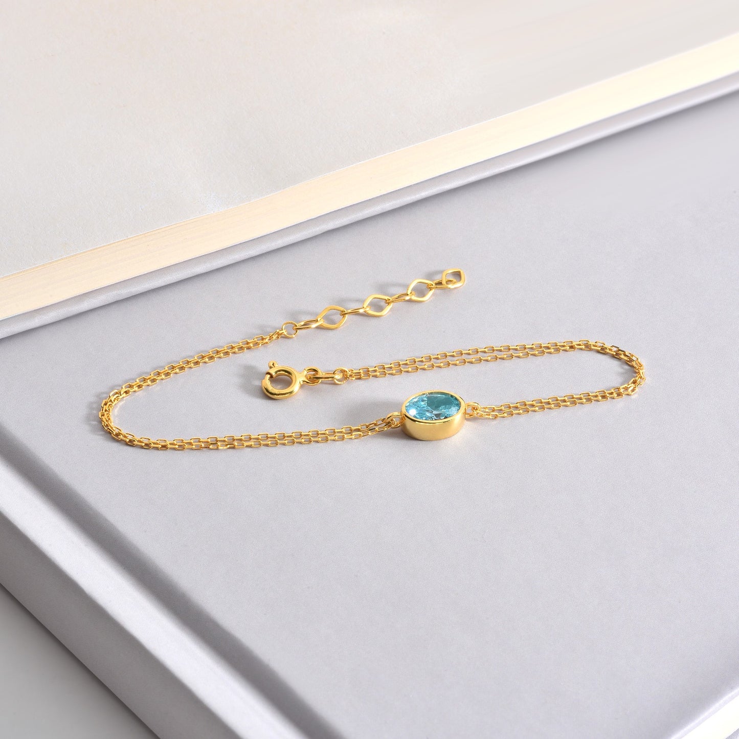 Oval Aquamarine Bezel Bracelet in 14K Solid Gold, March Birthstone Queen Jewelry Bracelet