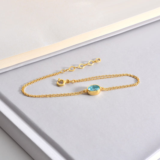 Oval Aquamarine Bezel Bracelet in 14K Solid Gold, March Birthstone Queen Jewelry Bracelet