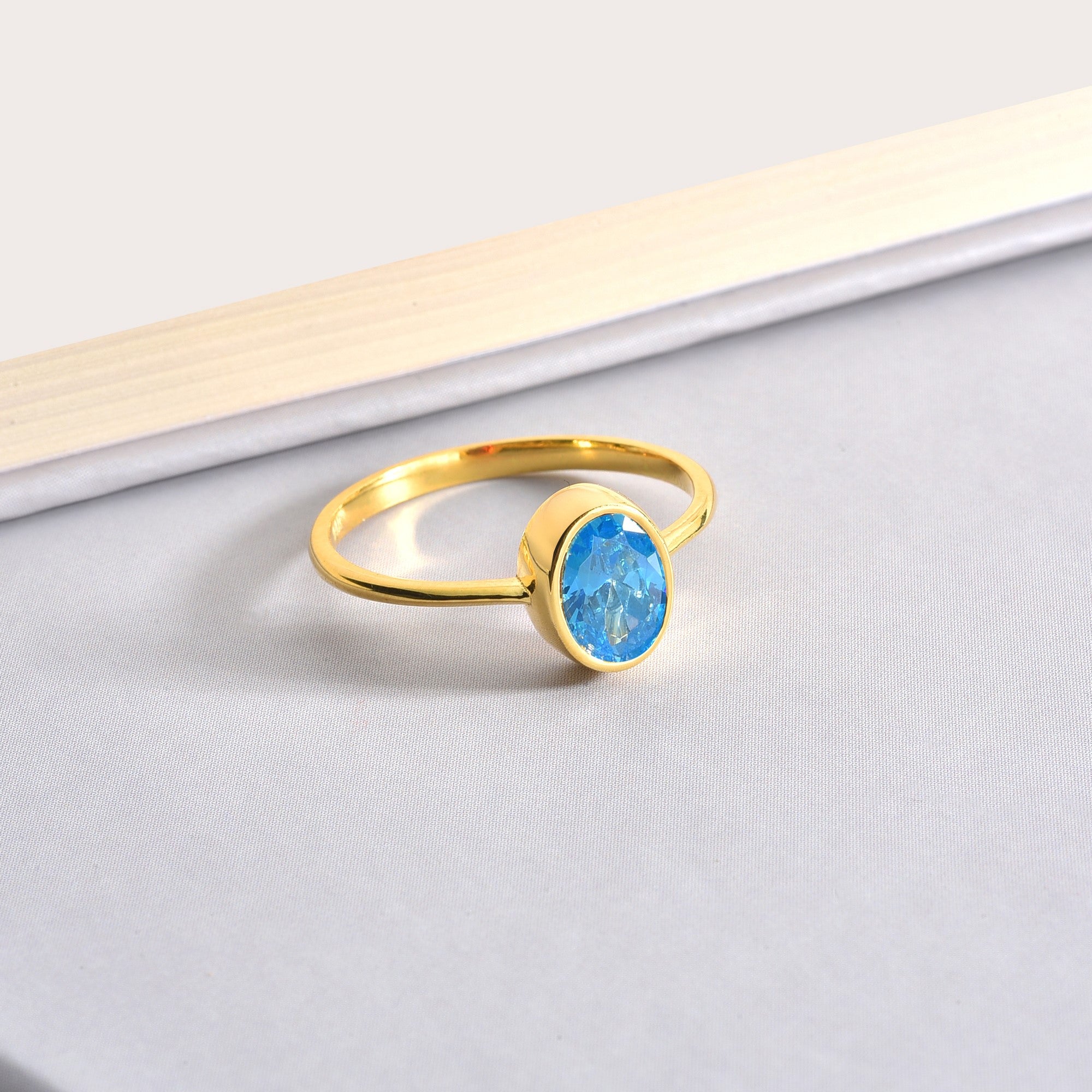 Oval Blue Topaz Bezel Ring in 14K Solid Gold, December Birthstone Queen Jewelry Rings