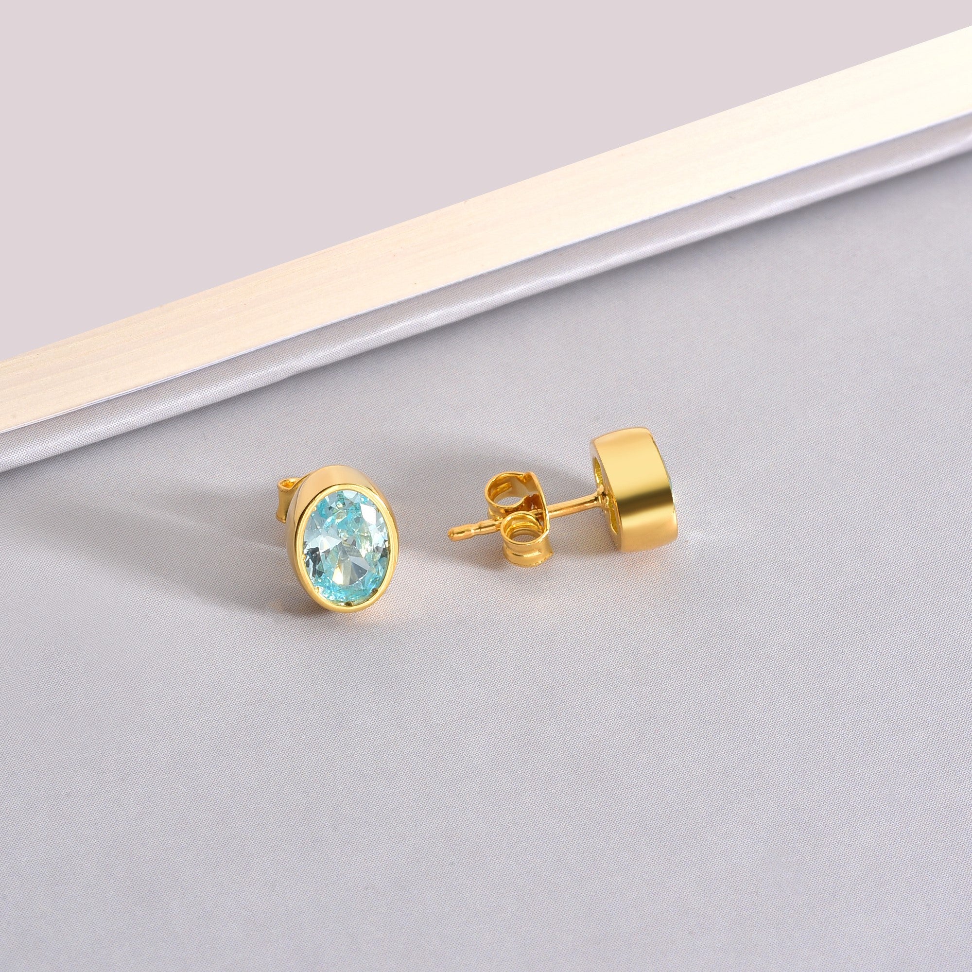 Oval Aquamarine Bezel Stud Earrings in 14K Solid Gold, March Birthstone Queen Jewelry Earrings