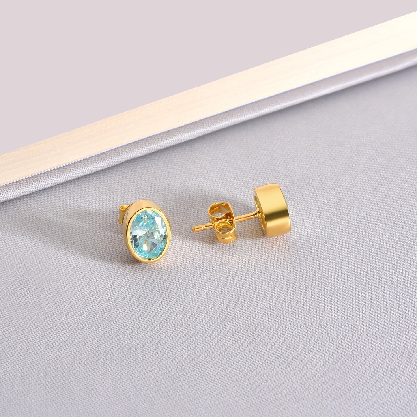Oval Aquamarine Bezel Stud Earrings in 14K Solid Gold, March Birthstone Queen Jewelry Earrings