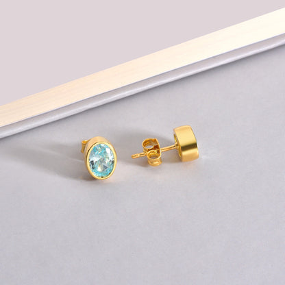Oval Aquamarine Bezel Stud Earrings in 14K Solid Gold, March Birthstone Queen Jewelry Earrings