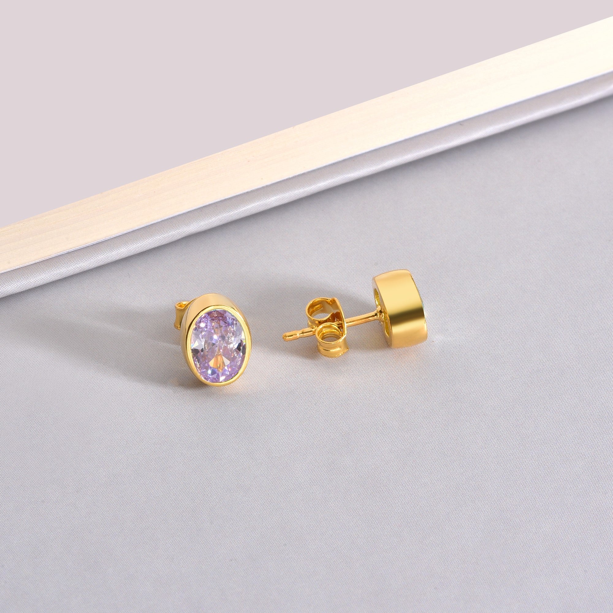 Oval Alexandrite Bezel Stud Earrings in 14K Solid Gold, June Birthstone Queen Jewelry Earrings