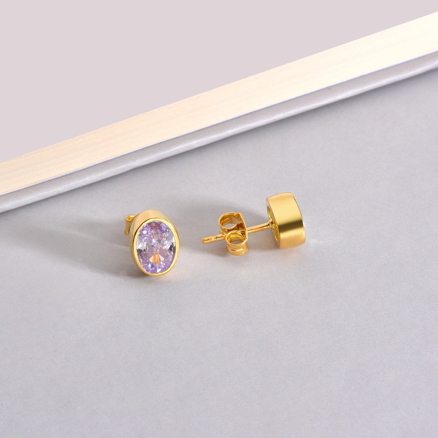 Oval Alexandrite Bezel Stud Earrings in 14K Solid Gold, June Birthstone Queen Jewelry Earrings