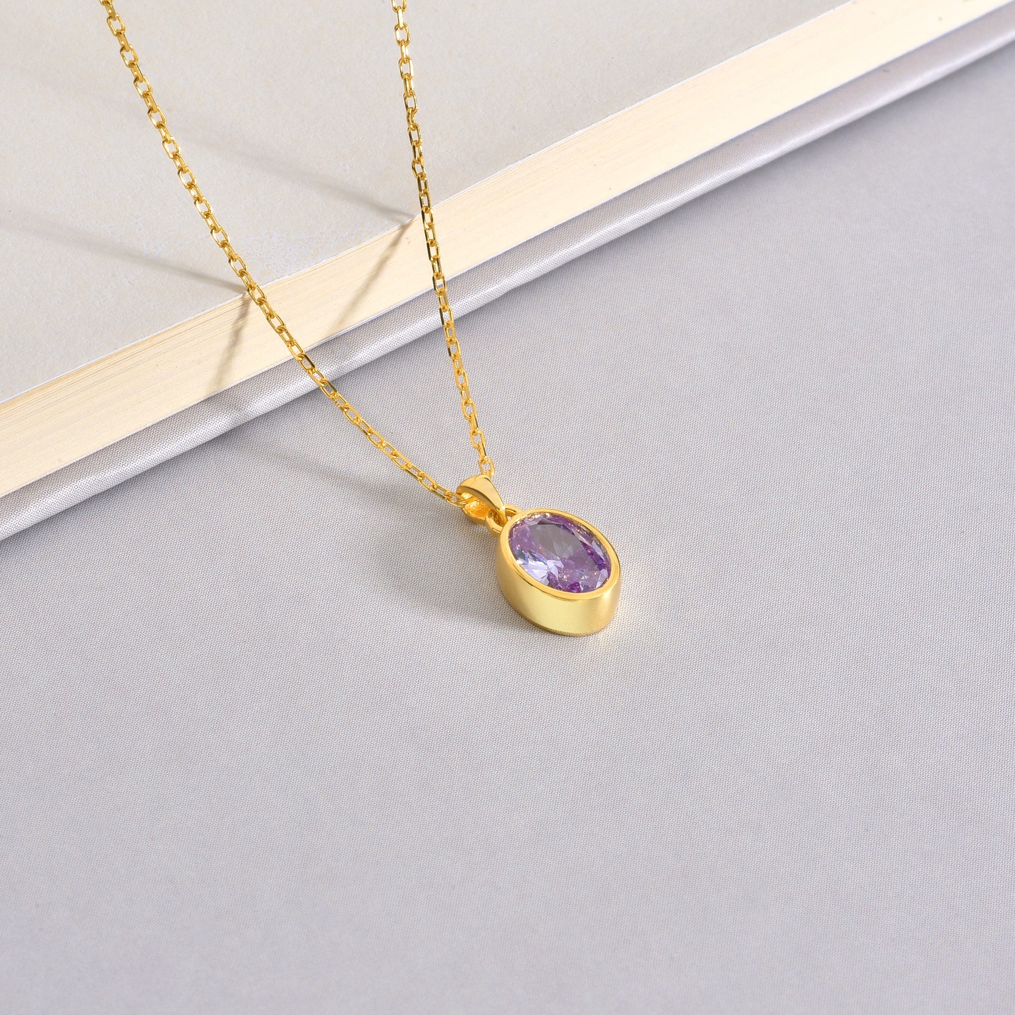 Oval Alexandrite Bezel Necklace 14K Solid Gold, June Birthstone Charm Pendant Queen Jewelry Necklace