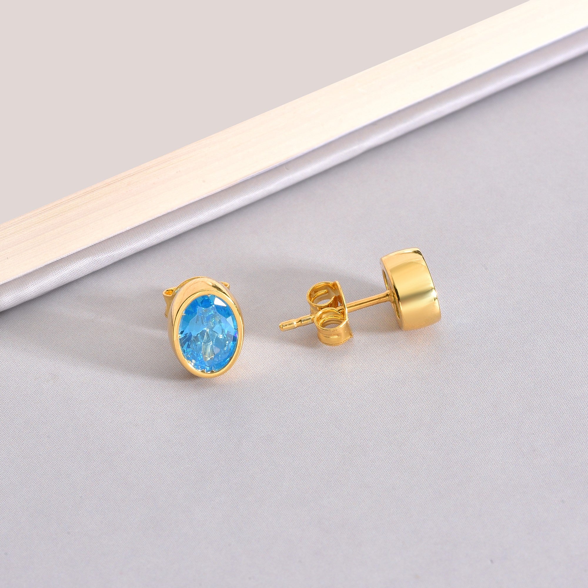 Oval Blue Topaz Bezel Stud Earrings in 14K Solid Gold, December Birthstone Queen Jewelry Earrings