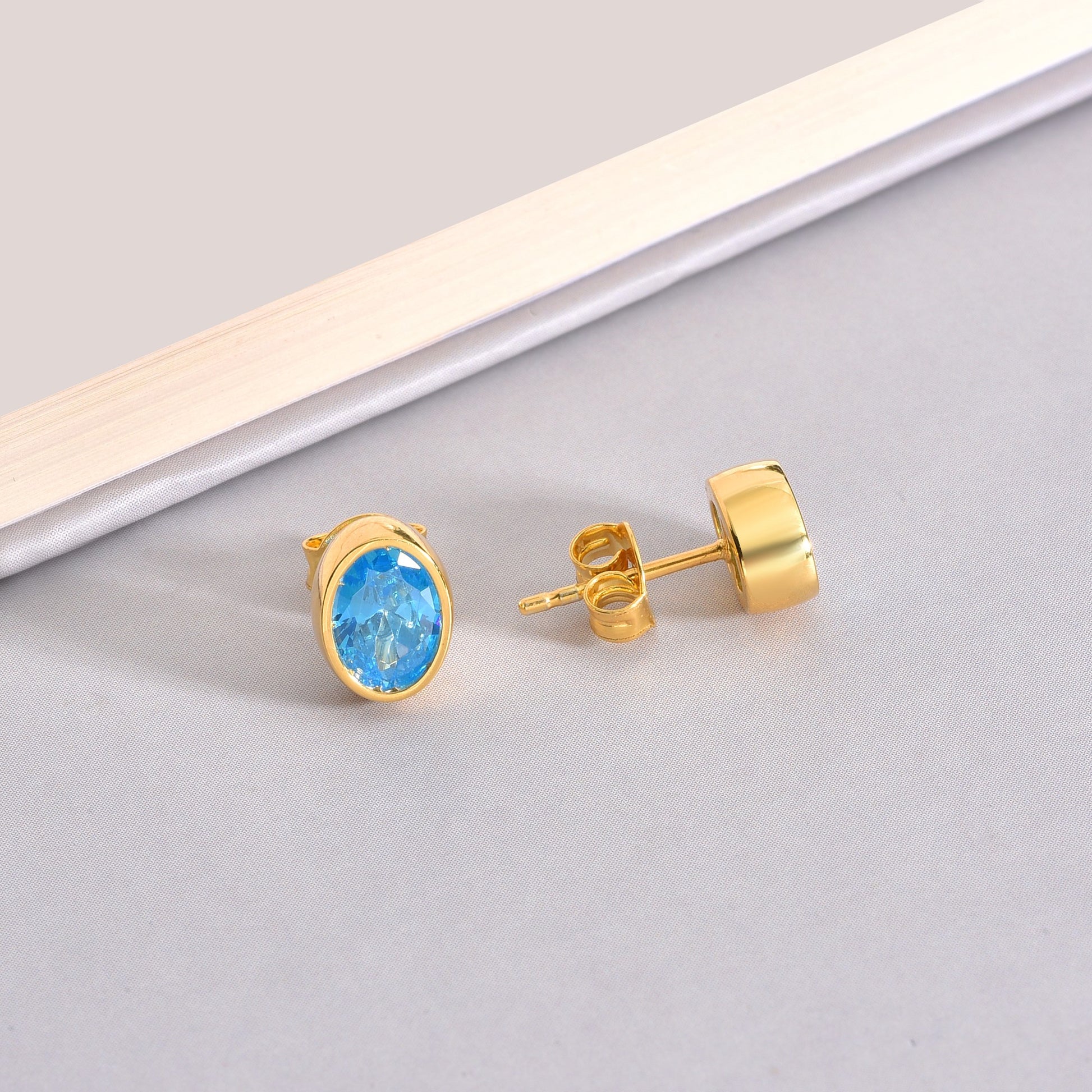 Oval Blue Topaz Bezel Stud Earrings in 14K Solid Gold, December Birthstone Queen Jewelry Earrings