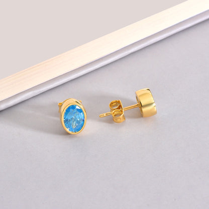 Oval Blue Topaz Bezel Stud Earrings in 14K Solid Gold, December Birthstone Queen Jewelry Earrings