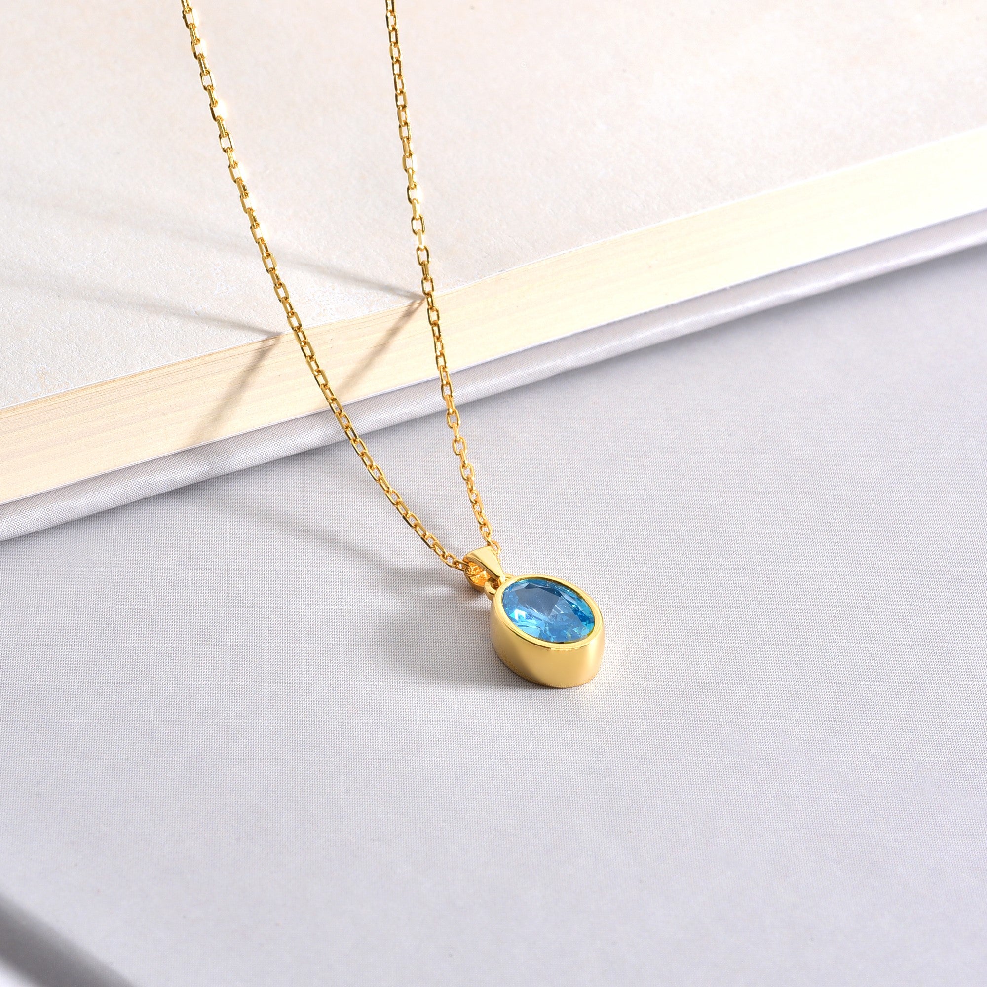 Oval Blue Topaz Bezel Necklace 14K Solid Gold, December Birthstone Charm Pendant Queen Jewelry Necklace