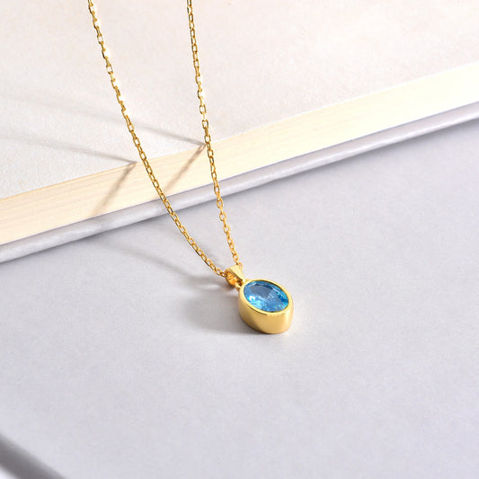 Oval Blue Topaz Bezel Necklace 14K Solid Gold, December Birthstone Charm Pendant Queen Jewelry Necklace