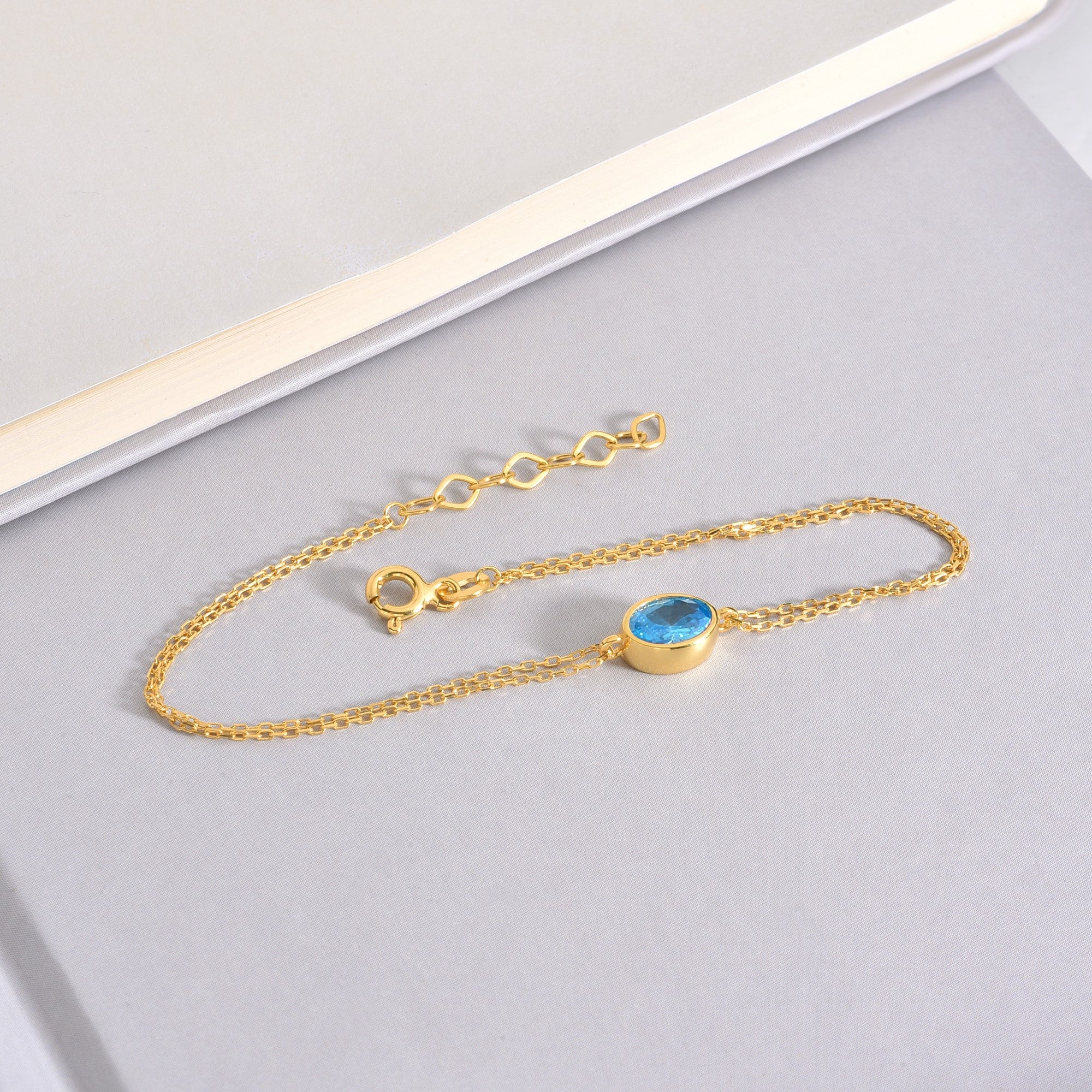 Oval Blue Topaz Bezel Bracelet in 14K Solid Gold, December Birthstone Queen Jewelry Bracelet