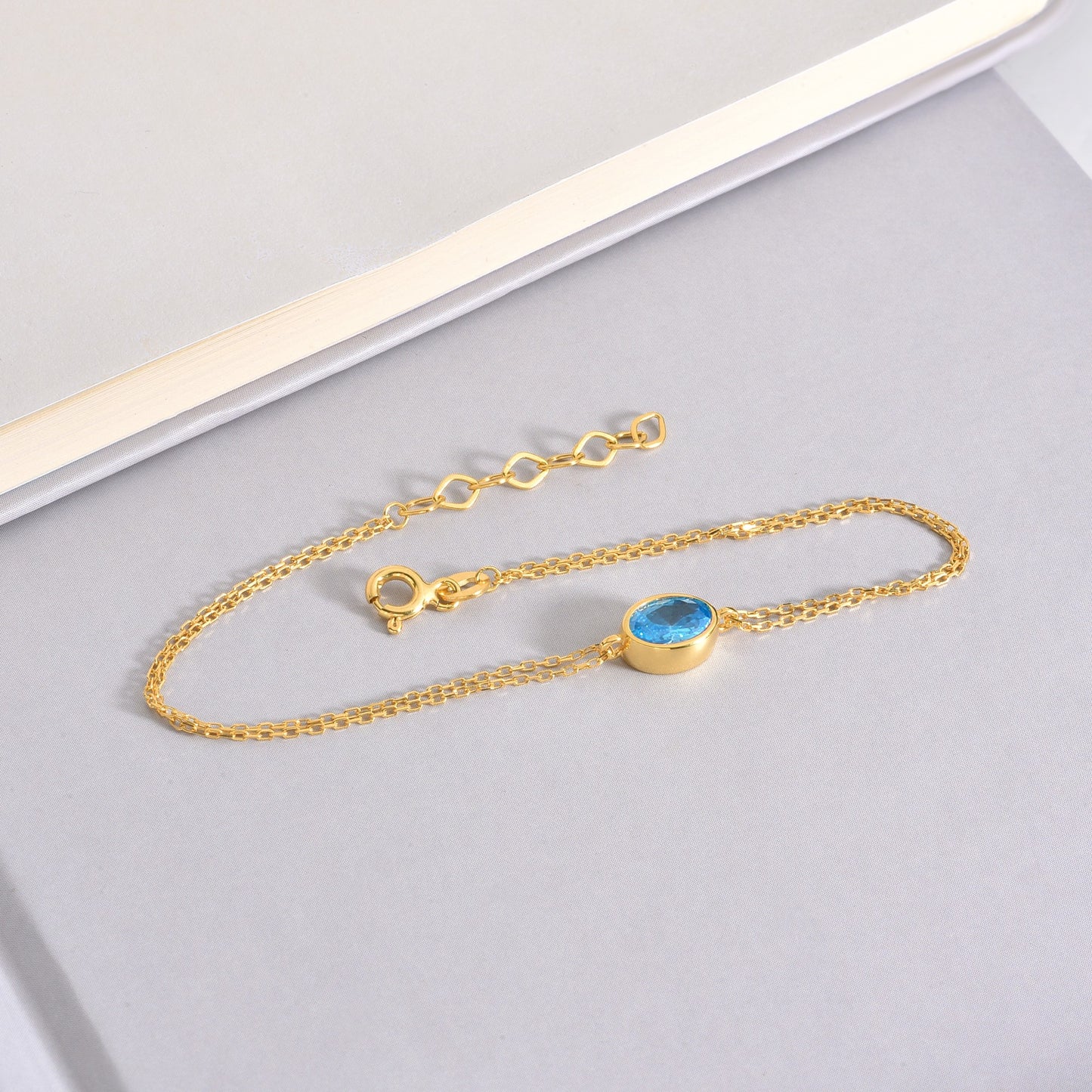 Oval Blue Topaz Bezel Bracelet in 14K Solid Gold, December Birthstone Queen Jewelry Bracelet