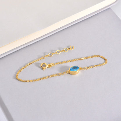 Oval Blue Topaz Bezel Bracelet in 14K Solid Gold, December Birthstone Queen Jewelry Bracelet