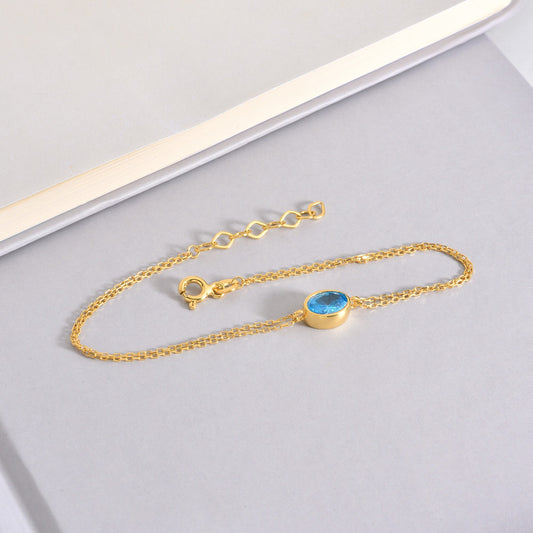 Oval Blue Topaz Bezel Bracelet in 14K Solid Gold, December Birthstone Queen Jewelry Bracelet
