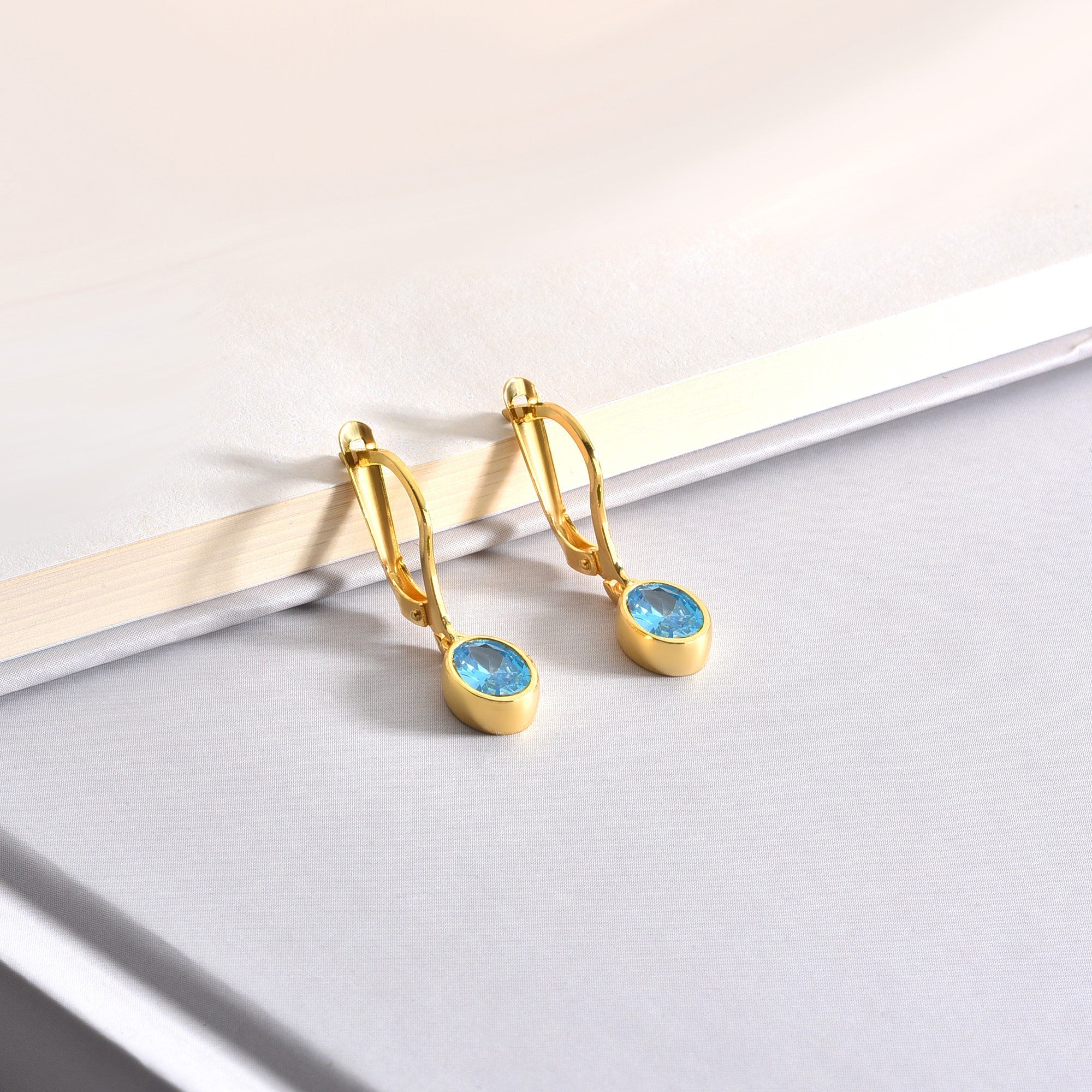 Oval Blue Topaz Bezel Dangle Earrings in 14K Solid Gold, December Birthstone Queen Jewelry Earrings