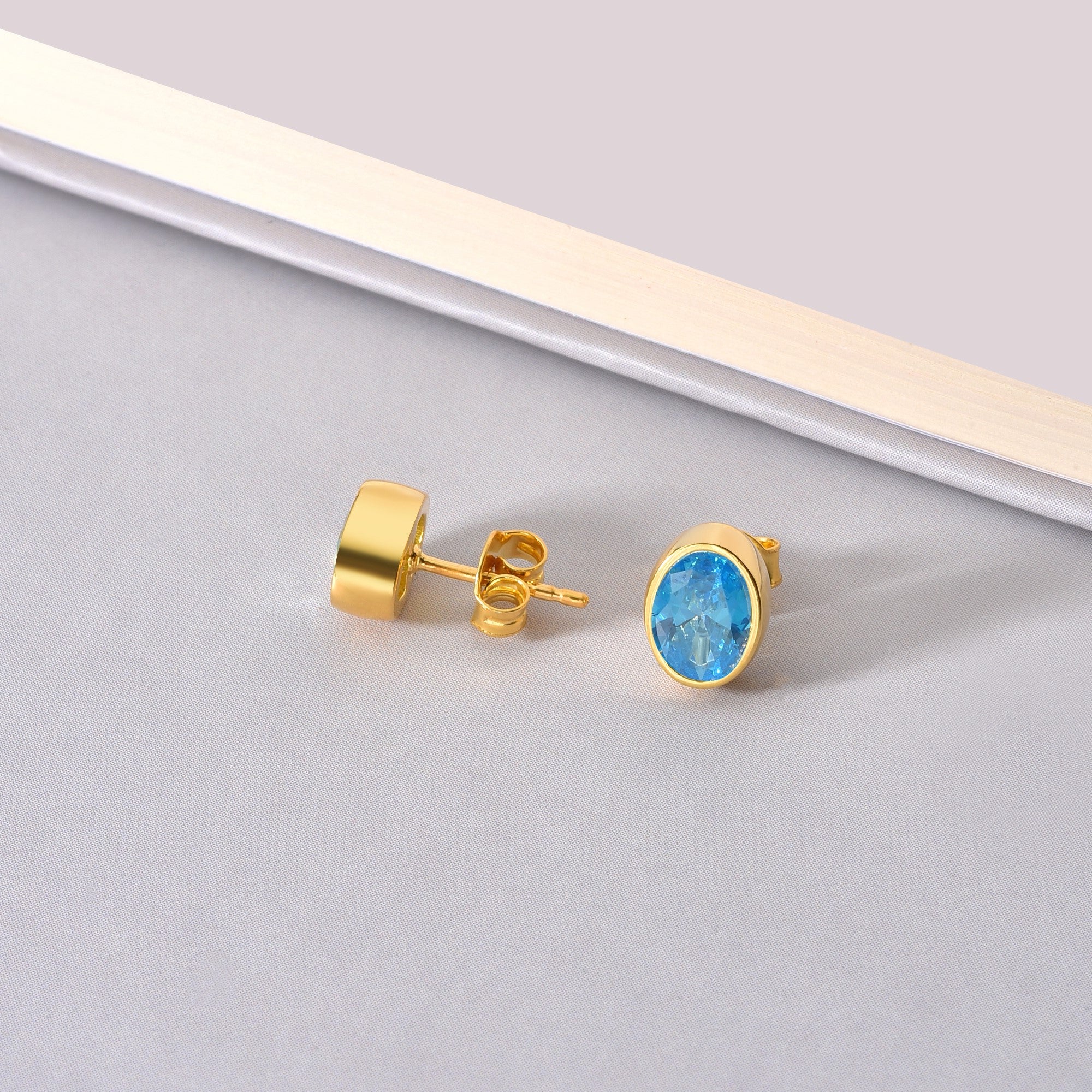 Oval Blue Topaz Bezel Stud Earrings in 14K Solid Gold, December Birthstone Queen Jewelry Earrings