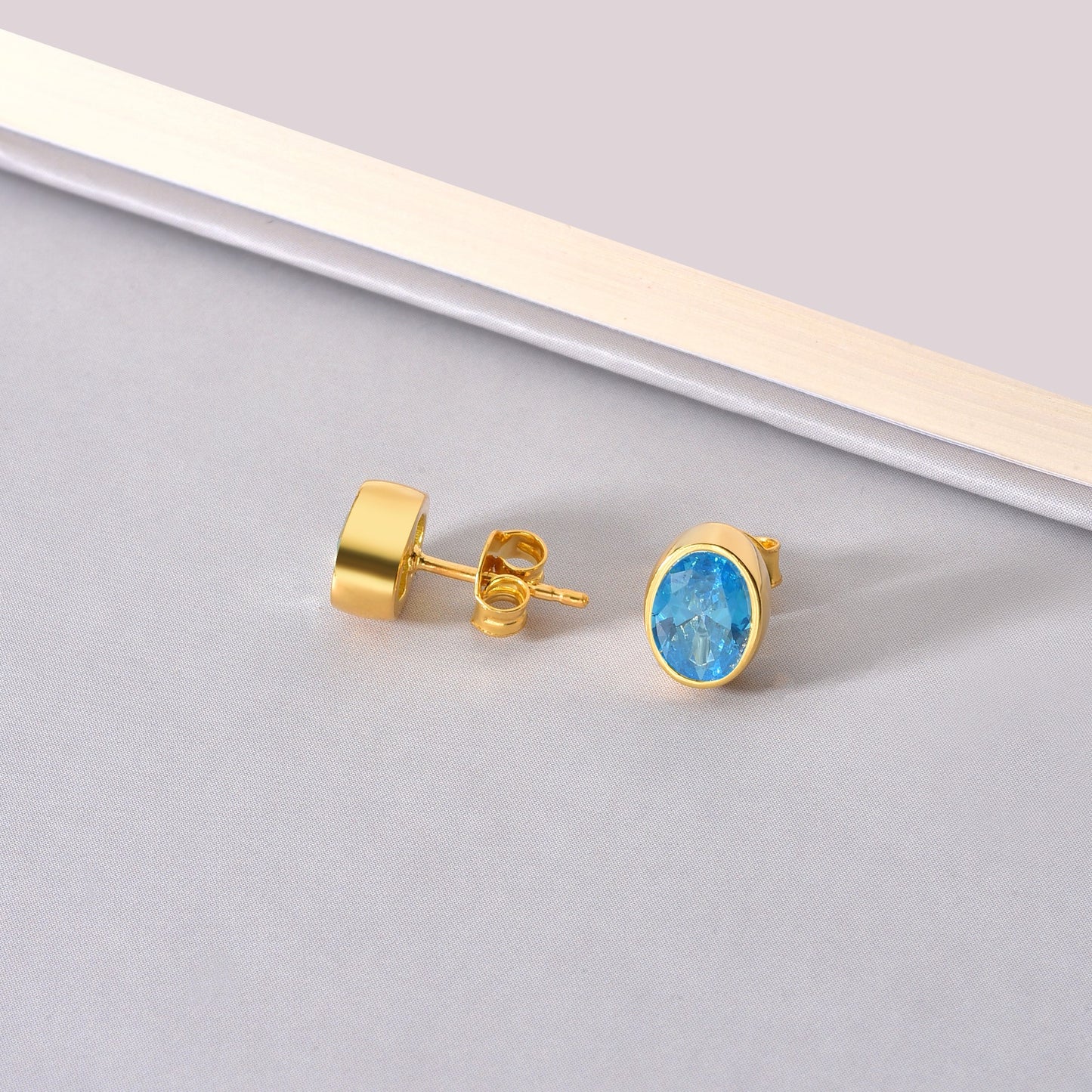 Oval Blue Topaz Bezel Stud Earrings in 14K Solid Gold, December Birthstone Queen Jewelry Earrings