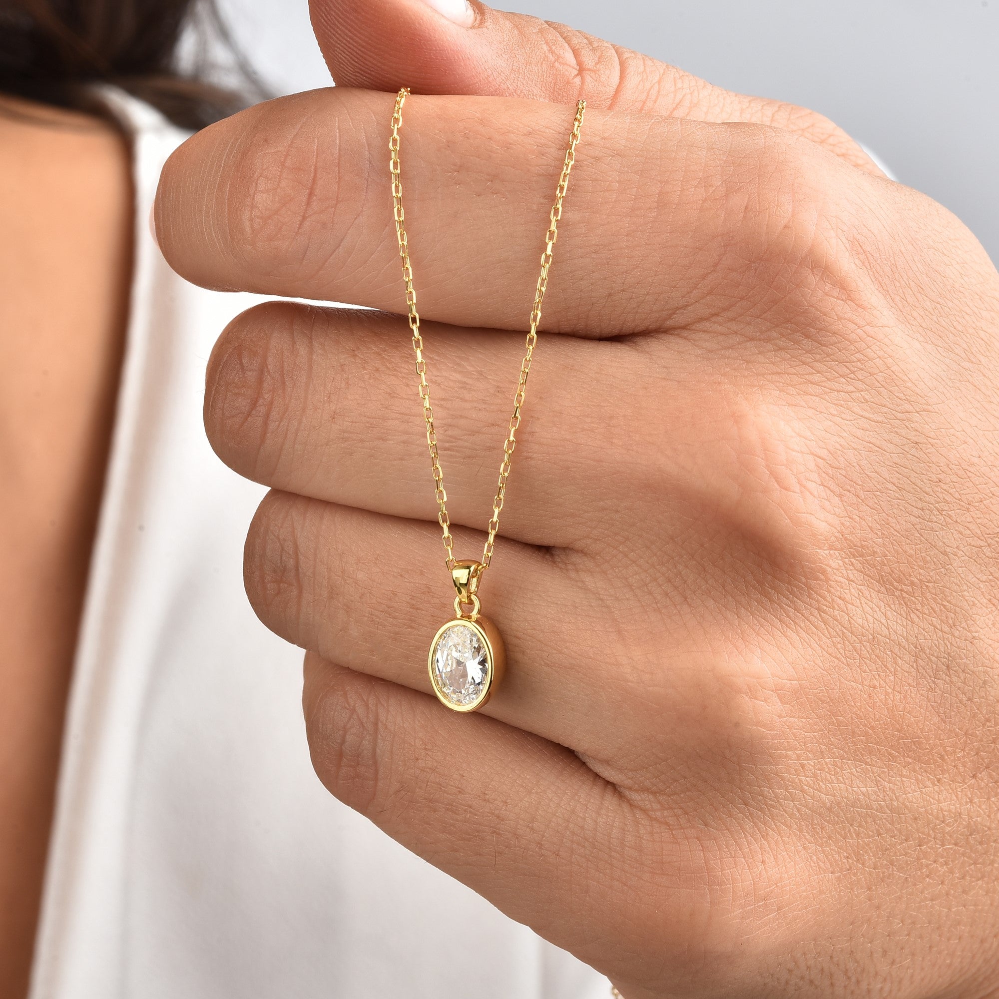 Oval White Topaz Bezel Necklace 14K Solid Gold, April Birthstone Charm Pendant Queen Jewelry Necklace