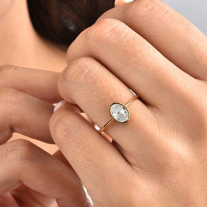 Oval White Topaz Bezel Ring in 14K Solid Gold, April Birthstone Queen Jewelry Rings