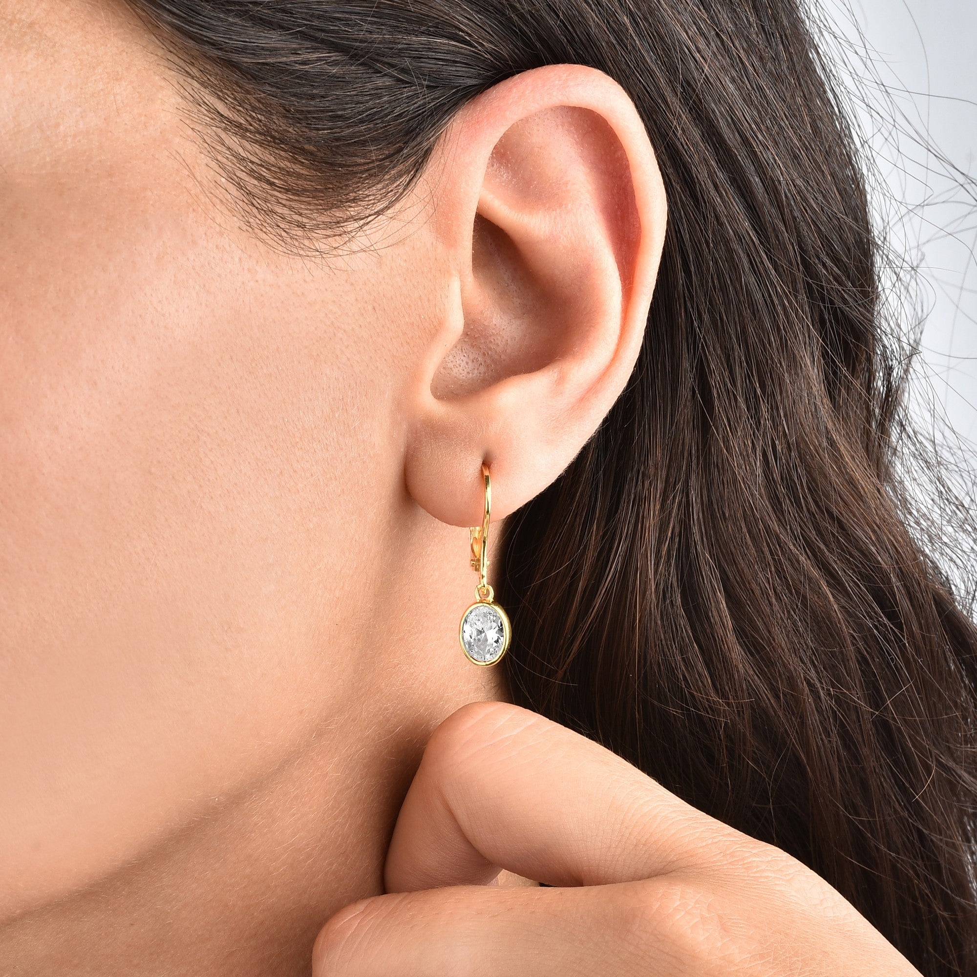 Oval White Topaz Bezel Dangle Earrings in 14K Solid Gold, April Birthstone Queen Jewelry Earrings