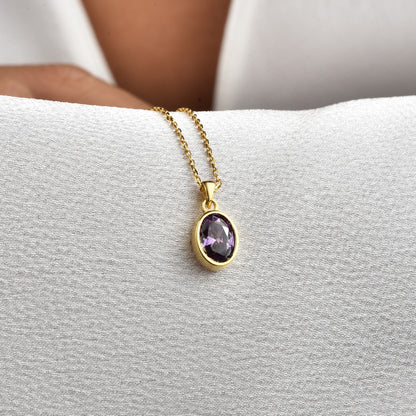 Oval Amethyst Bezel Necklace 14K Solid Gold, February Birthstone Charm Pendant Queen Jewelry Necklace