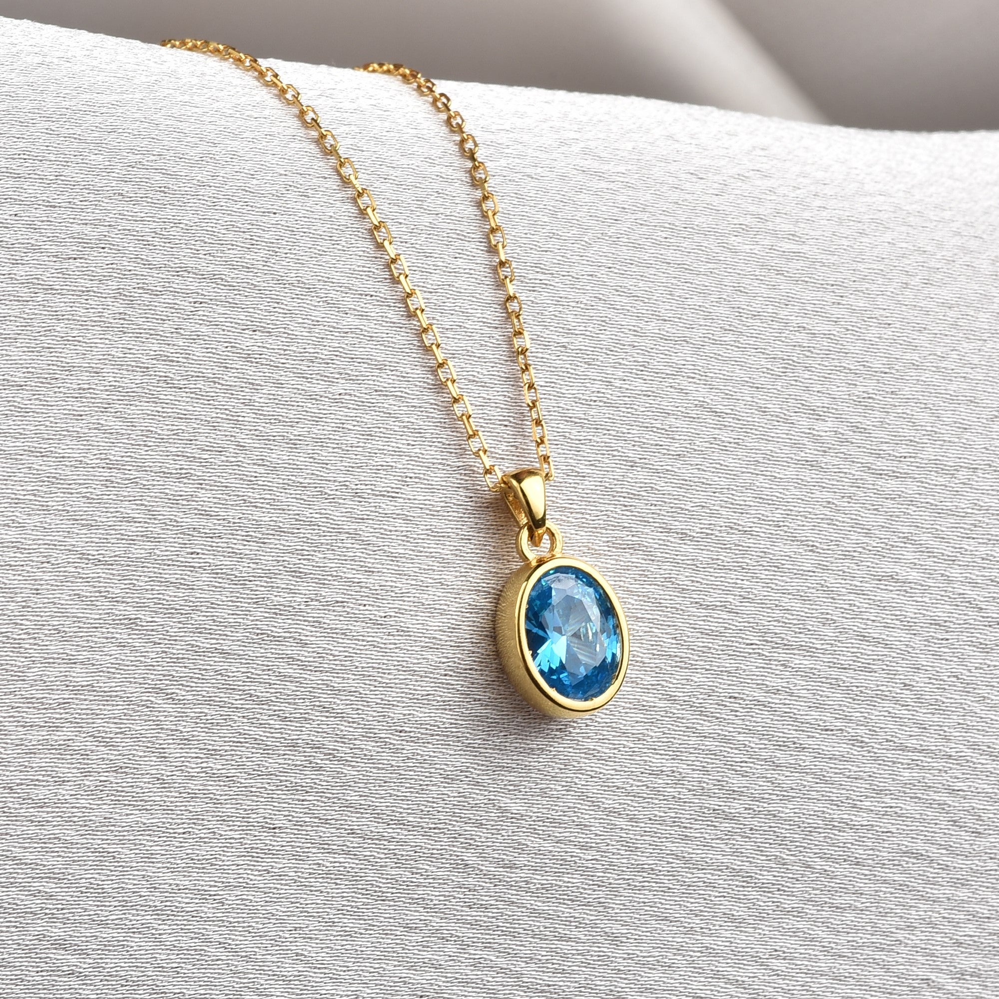 Oval Blue Topaz Bezel Necklace 14K Solid Gold, December Birthstone Charm Pendant Queen Jewelry Necklace
