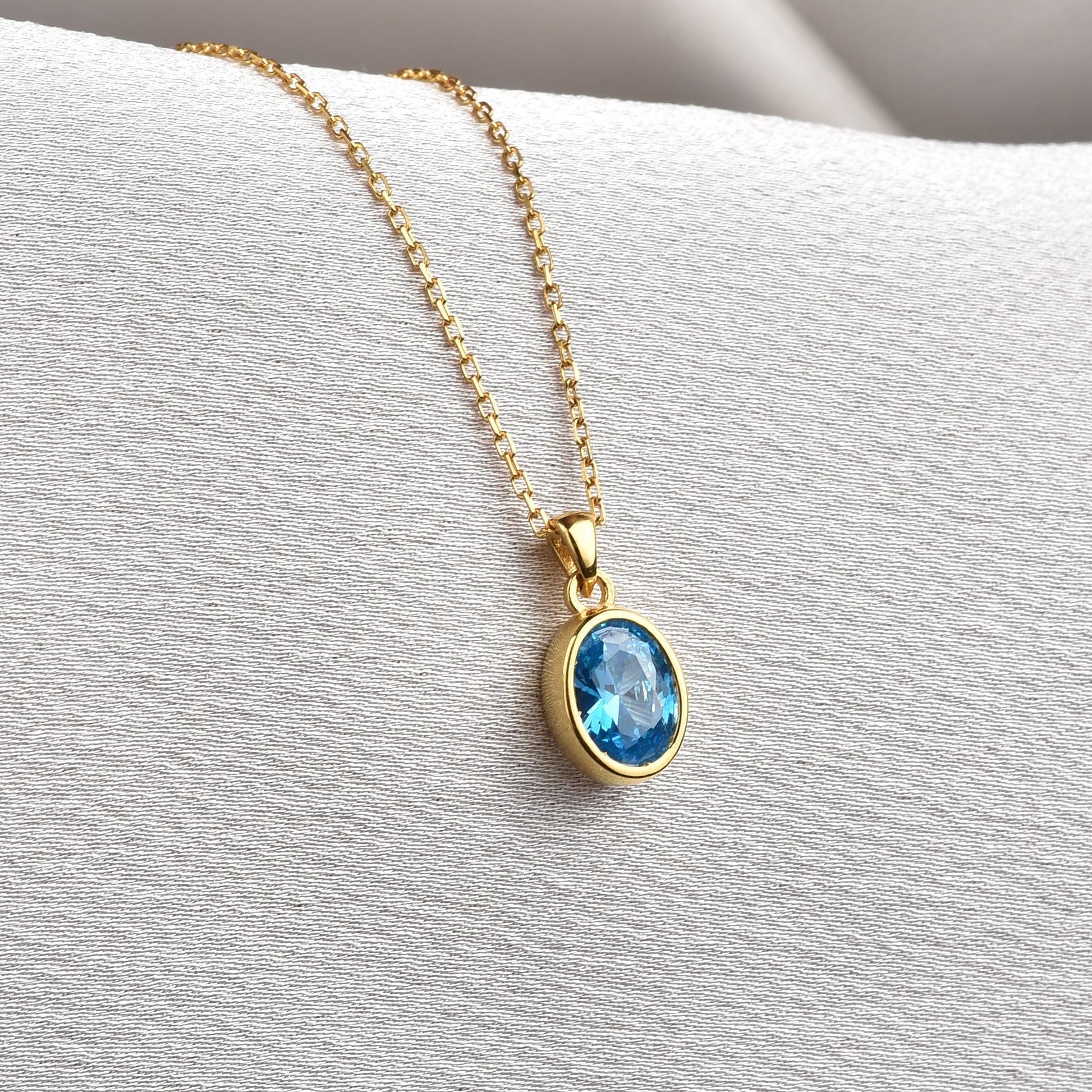 Oval Blue Topaz Bezel Necklace 14K Solid Gold, December Birthstone Charm Pendant Queen Jewelry Necklace