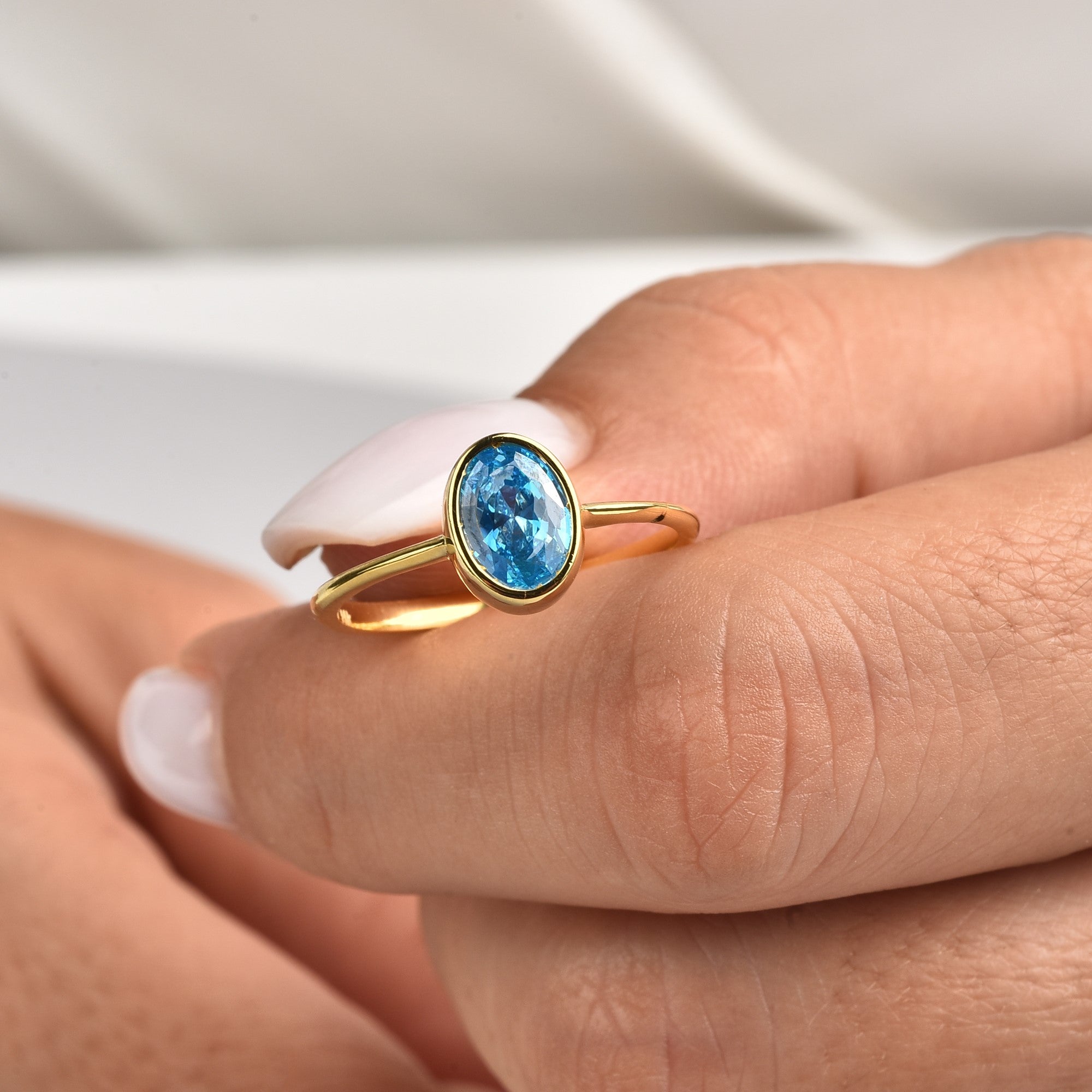 Oval Blue Topaz Bezel Ring in 14K Solid Gold, December Birthstone Queen Jewelry Rings