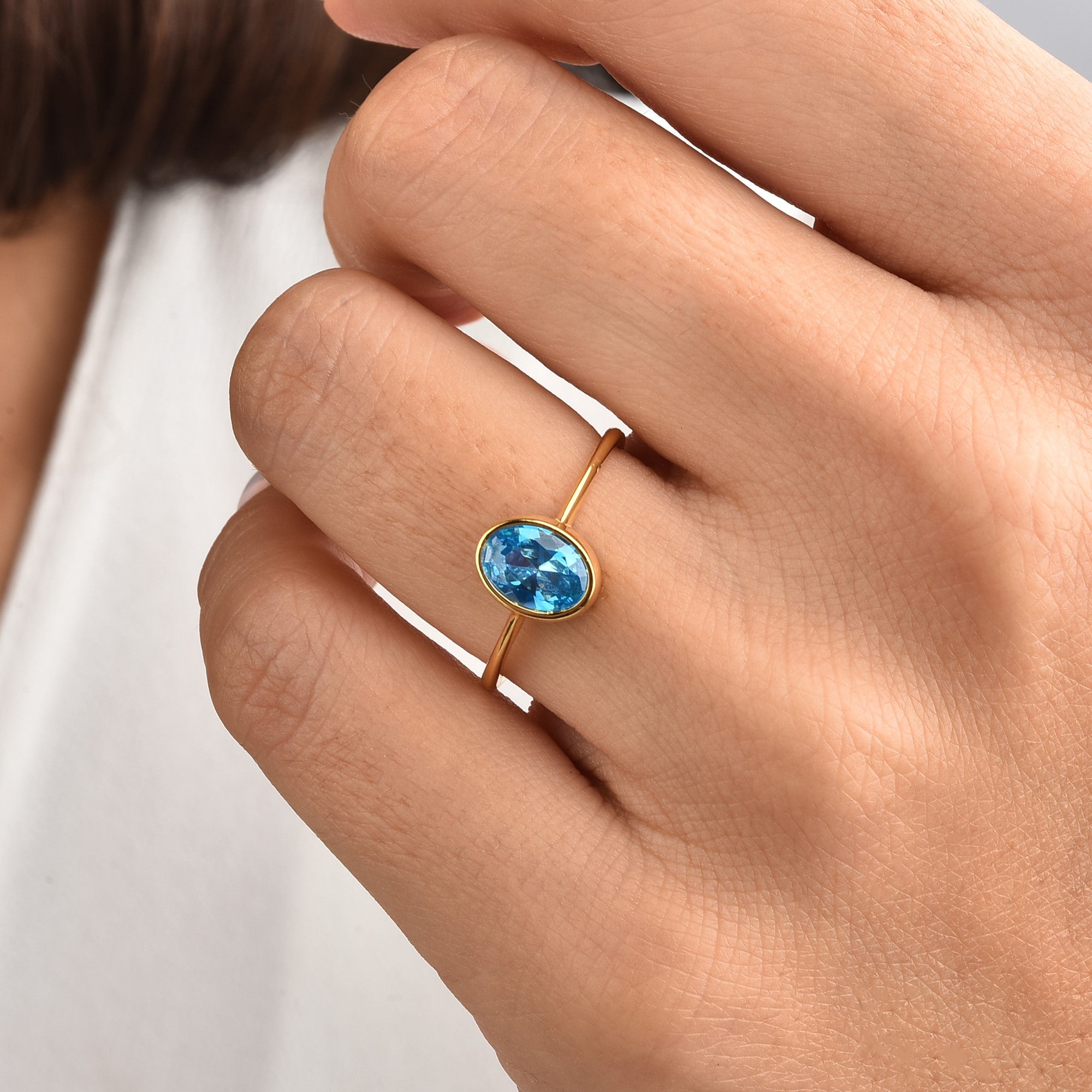 Oval Blue Topaz Bezel Ring in 14K Solid Gold, December Birthstone Queen Jewelry Rings