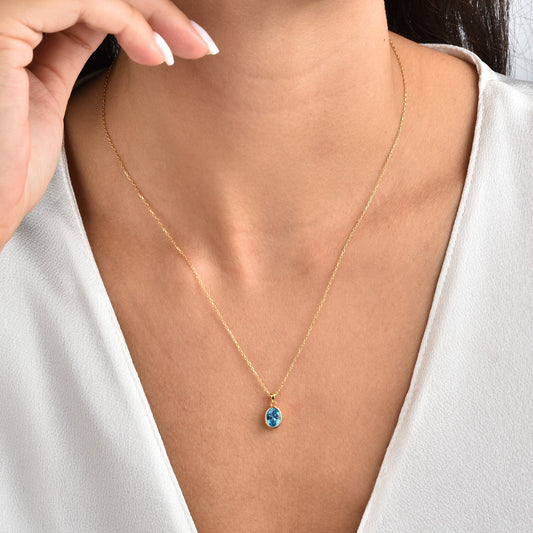 Oval Blue Topaz Bezel Necklace 14K Solid Gold, December Birthstone Charm Pendant Queen Jewelry Necklace