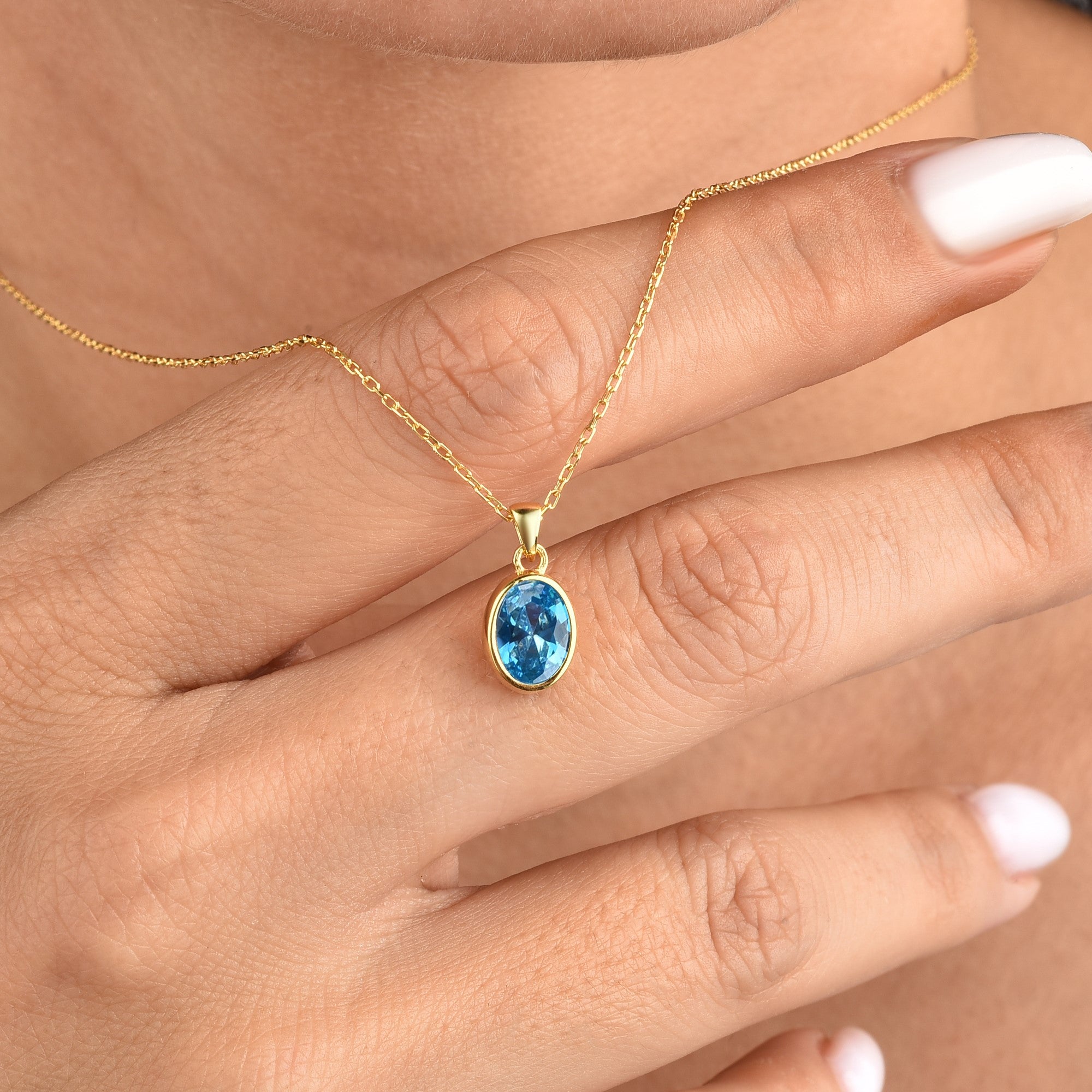 Oval Blue Topaz Bezel Necklace 14K Solid Gold, December Birthstone Charm Pendant Queen Jewelry Necklace