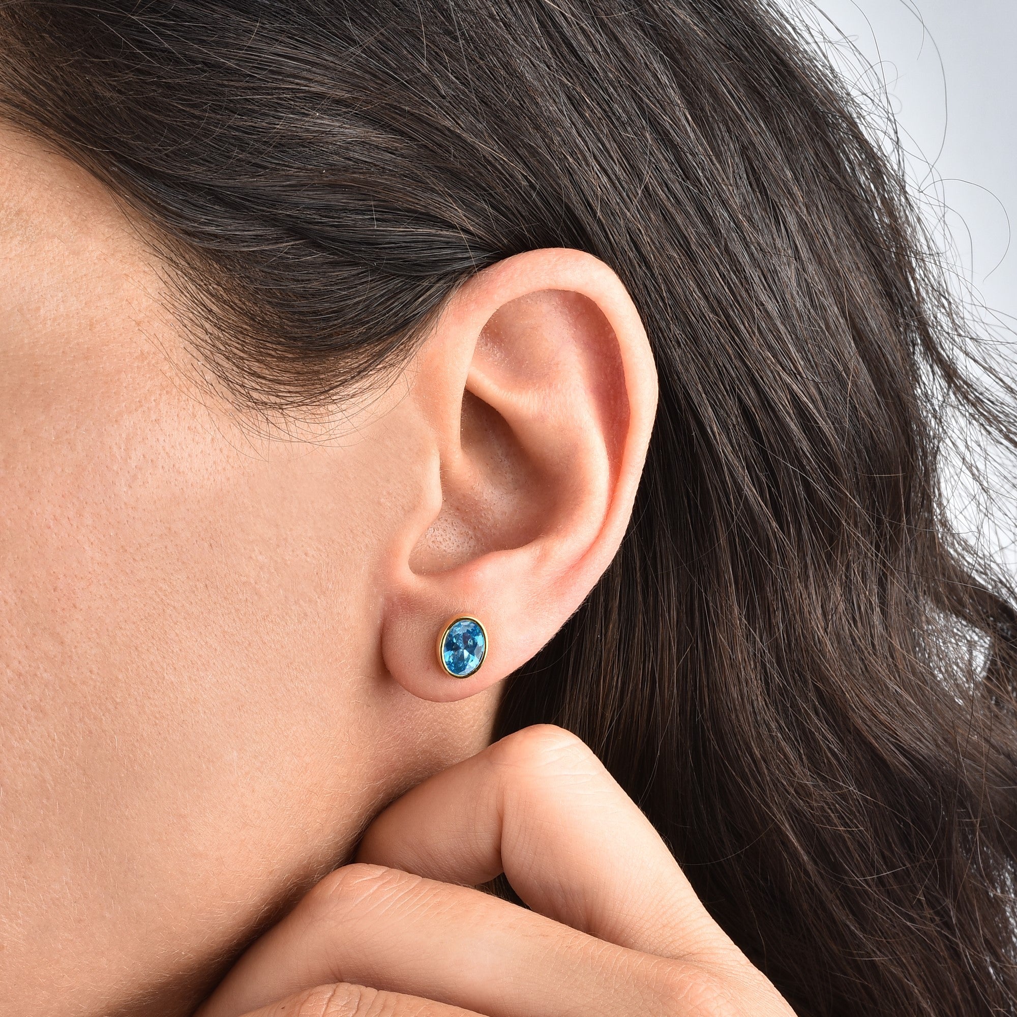 Oval Blue Topaz Bezel Stud Earrings in 14K Solid Gold, December Birthstone Queen Jewelry Earrings